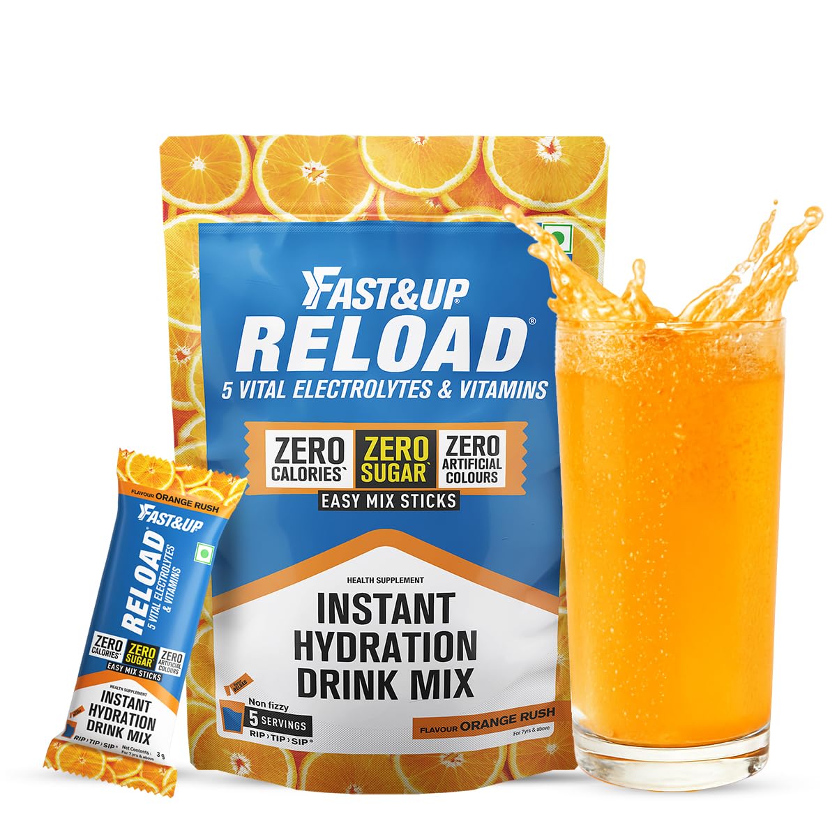 Fast&Up Reload Electrolytes Powder Sachets | Zero Added Sugar Hydration Drink with 5 Essential Electrolytes Vitamin C & B12 | Summer Heat, Workout Recovery, Travel & Wellness | Orange, Pack of 5 Sachets-image-9