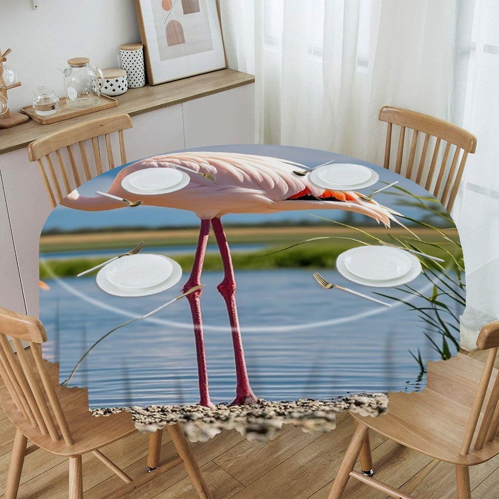 LZQPOEAS Flamingos Round Tablecloth Rustic Circle Table Cloth Wrinkle Resistant Decor Tablecloth Waterproof Washable Table Cover for Kitchen Party Dining Table 60 Inch