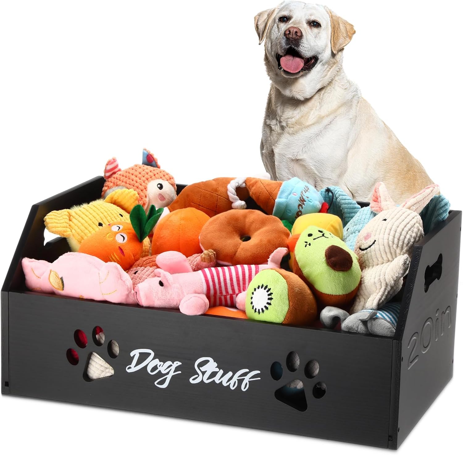 Leinuosen Large Dog Toy Bin Basket, 20 Inch Large Stuff Toy Storage Basket Bin with Bone Handle Cutout Pattern Pine Container for Organizing and Storage Dog Leash Chew Toys(Black, Undivided)