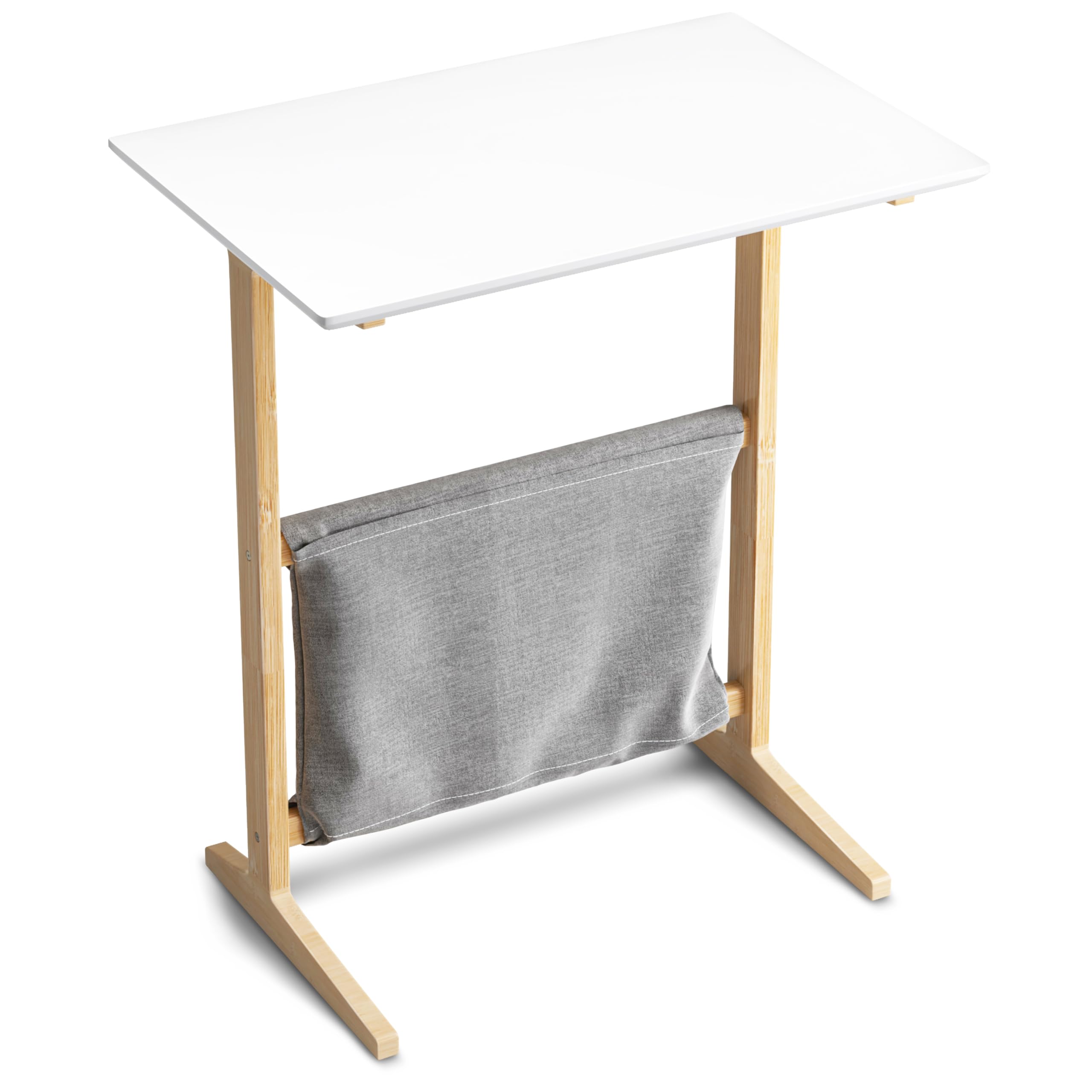 Mesa auxiliar con almacenamiento de tela blanca para mantener ordenado tu rincón de lectura
