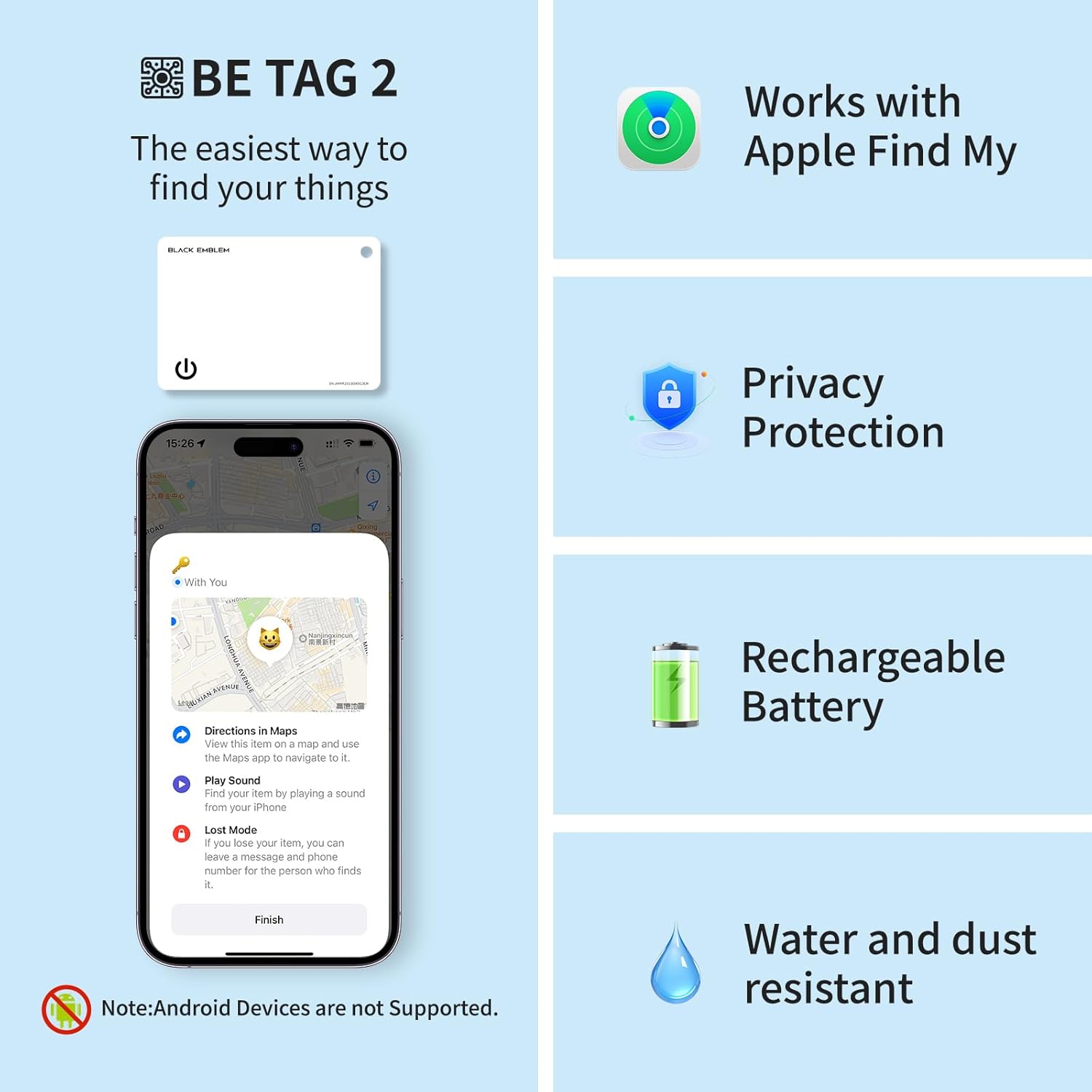 Black Emblem Item Tracker, Works with Apple Find My (iOS Only), Rechargeable Bluetooth Tag, Key Finder with Sound,Air Tracker Card for Keys, Wallet, Luggage, Backpack(E) - Image 8