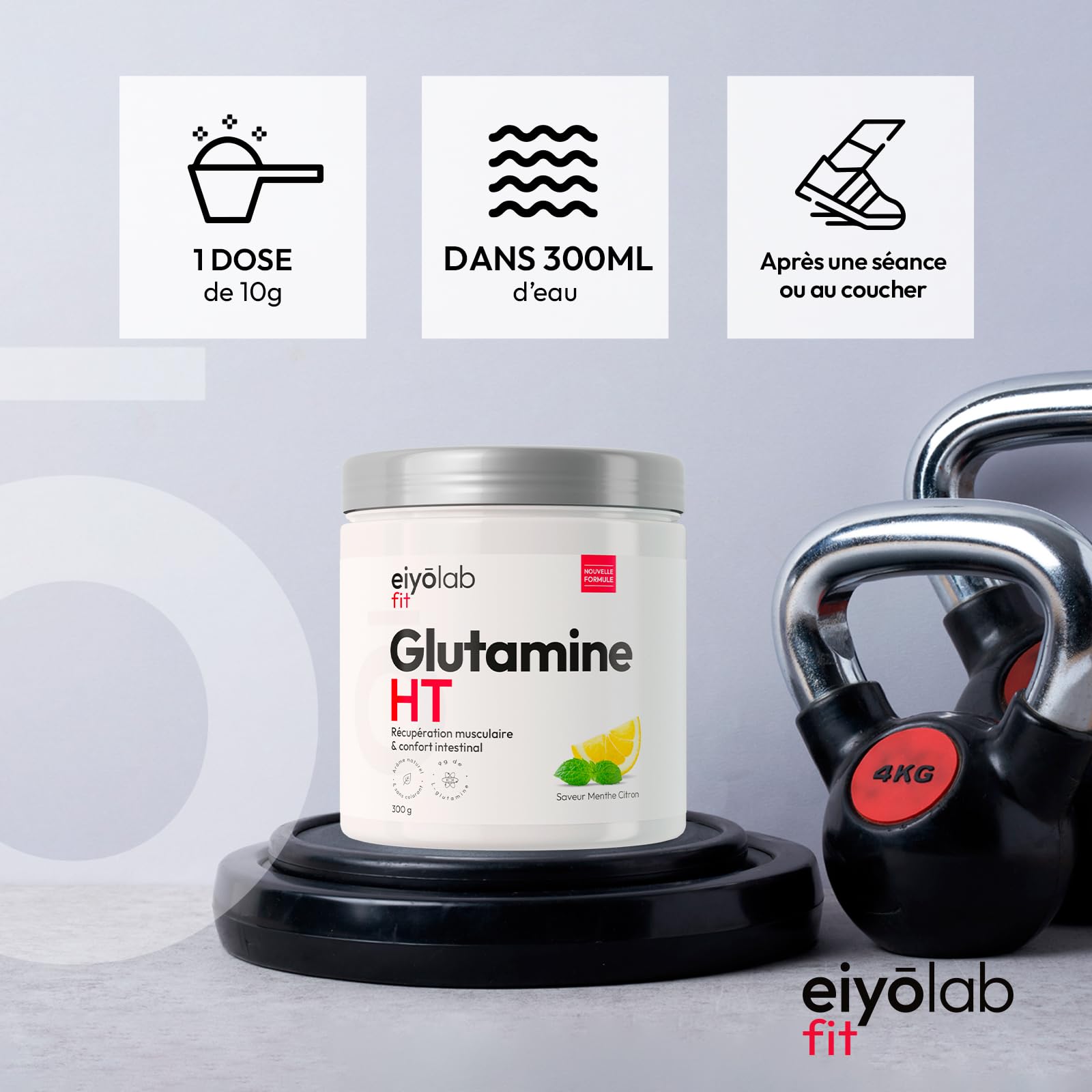 Glutamine HT | Poudre 100% Pure de L-Glutamine | 300 g | Récupération Musculaire et Santé Intestinale | 30 Portions de 10g | Acide Aminé Vegan et Sans Excipients | Goût Menthe Citron | Eiyolab
