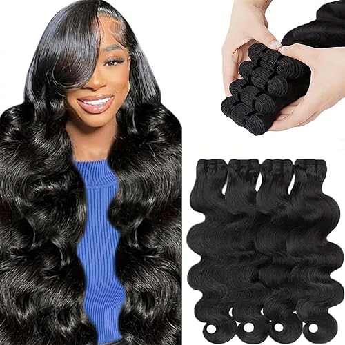 14A Human Hair Bundles 24 26 28 30 Inch Body Wave 100% Unprocessed Brazilian Virgin Hair 4 Bundles Human Hair Extensions Quick Weave No Tangle Shedding Silky Soft Natural Black