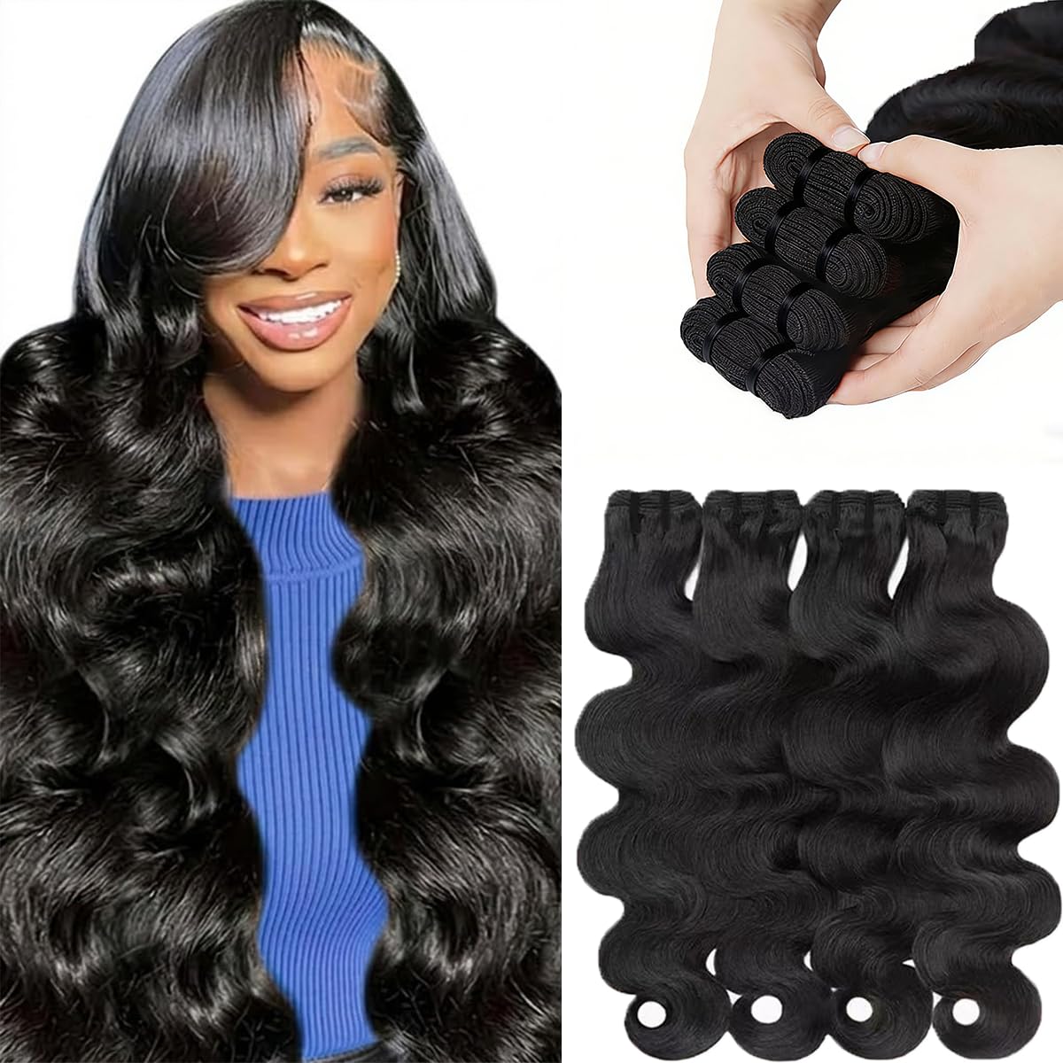 14A Human Hair Bundles 24 26 28 30 Inch Body Wave 100% Unprocessed Brazilian Virgin Hair 4 Bundles Human Hair Extensions Quick Weave No Tangle Shedding Silky Soft Natural Black