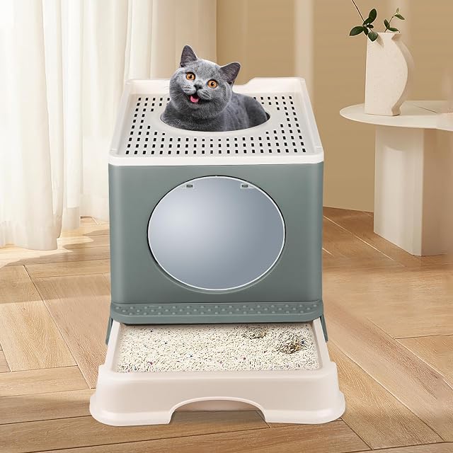 Foto 4 de 8 de OHMG Arenero para gatos con tapa, con pala, bandeja extraíble, 2 aberturas, fondo a prueba de fugas
