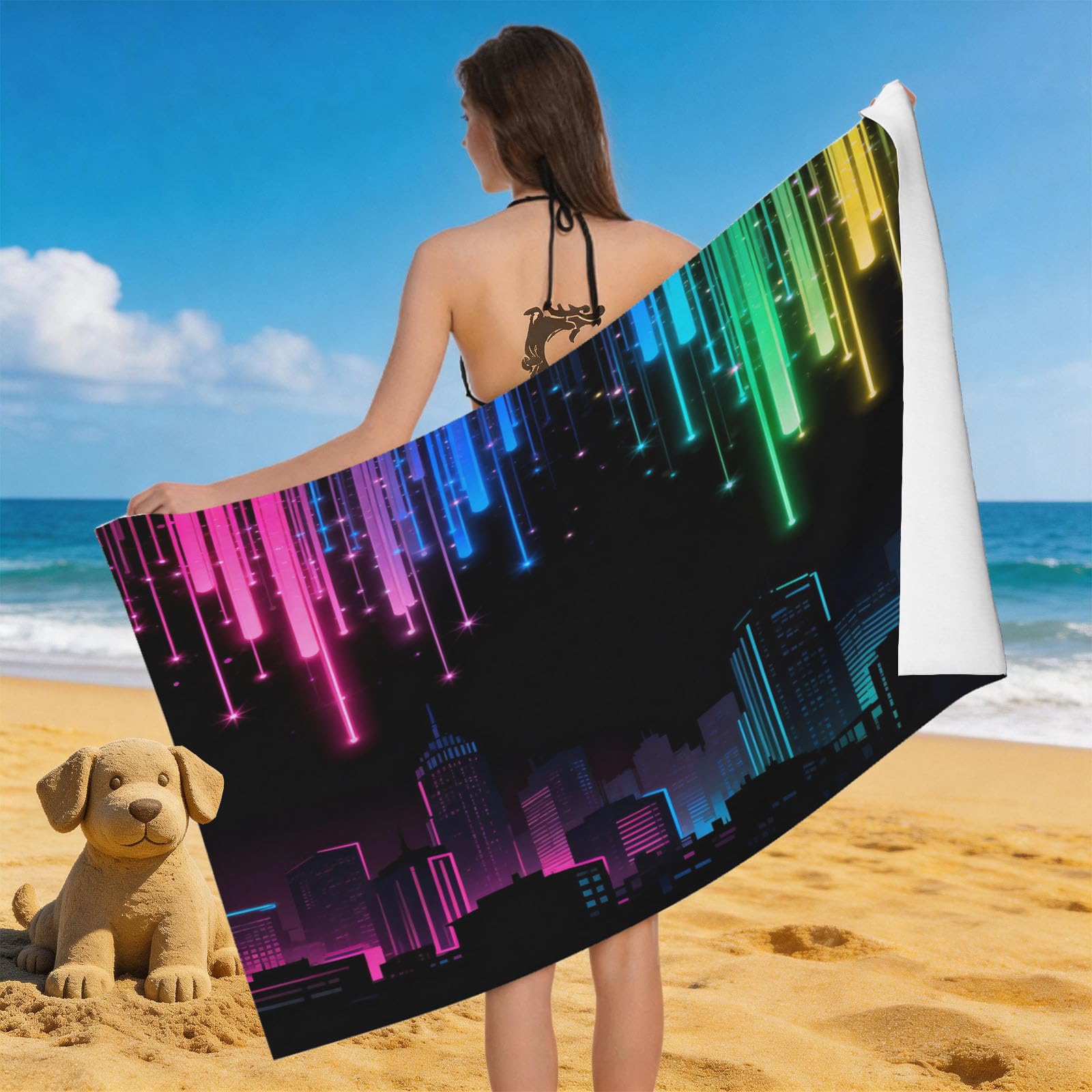 Leichong Men's Multicolour 3D Neon City Beach Towel Microfiber Soft Quick Dry For Adults, Dreamy Bath Towel Lightweight Soft Absorbent For Travel Swimming Pool Sports, 75 X 150 Cm