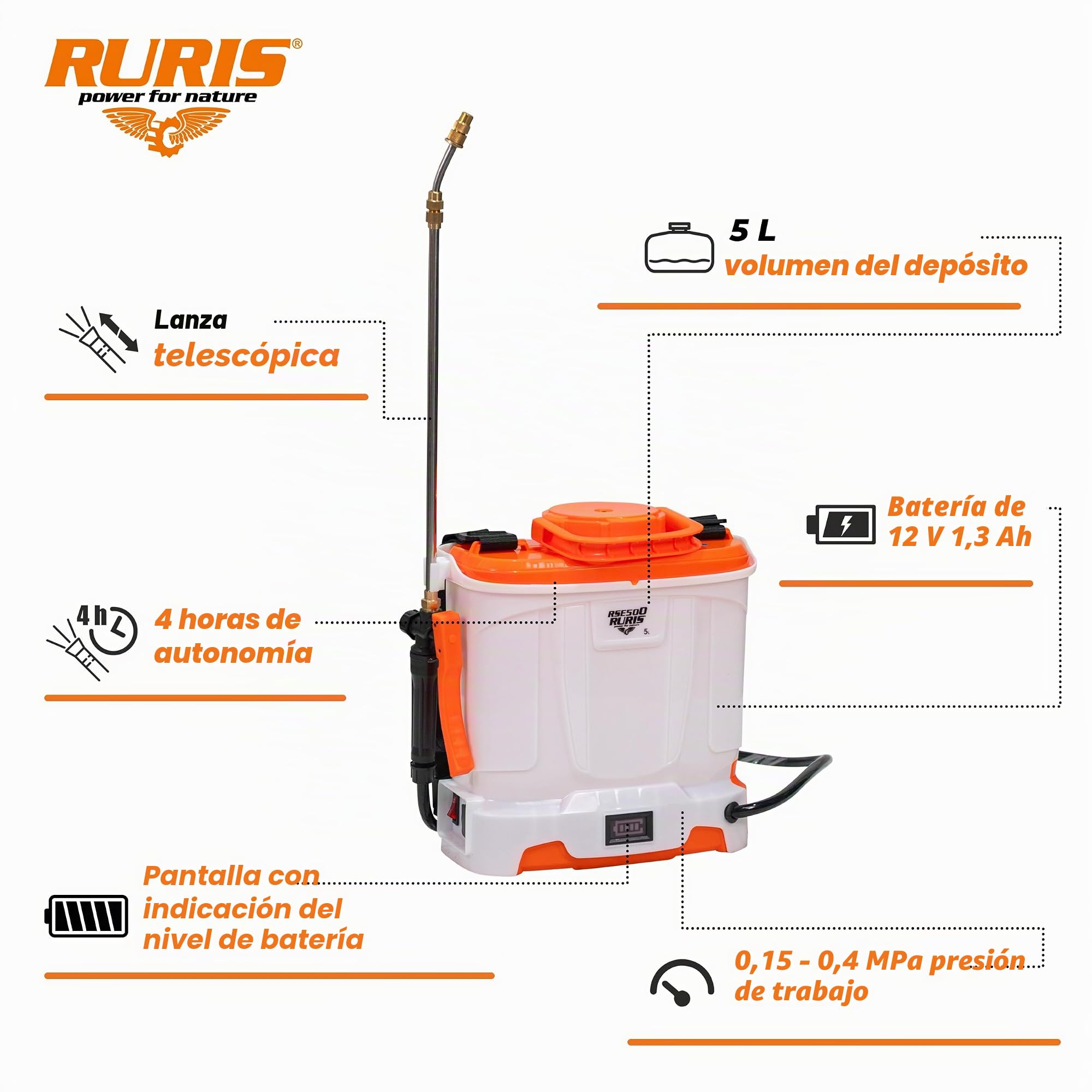 RURIS – Pulverizador eléctrico RSE 500 – Batería de 12 V Autonomía 4 h – Pantalla LED con indicador de Carga – Lanza metálica y 4 boquillas Intercambiables – Jardín, Limpieza y desinfección – 5 L