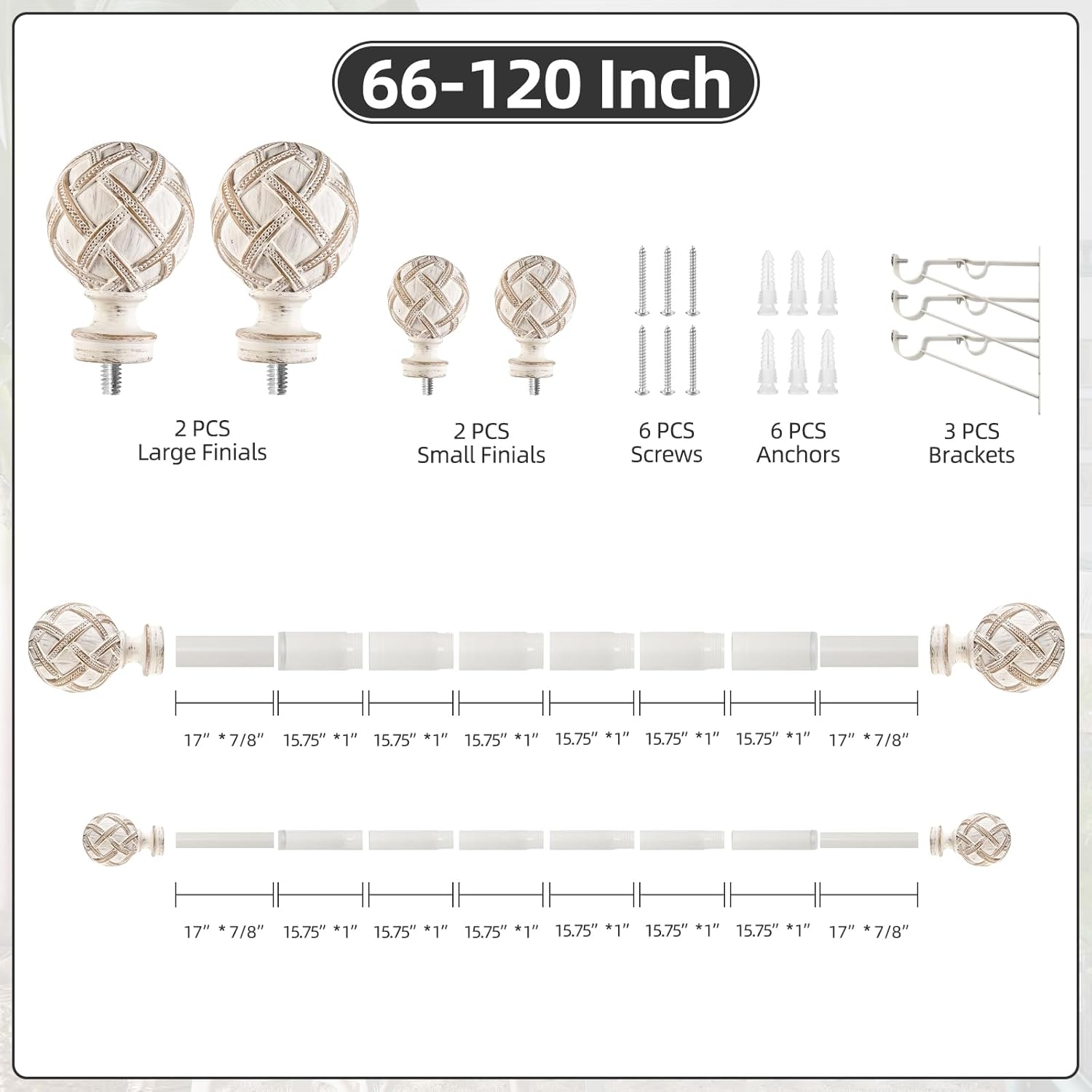 1 Inch Heavy Duty Adjustable Double Curtain Rod for Windows 66 to 120 Inches - Weathered White Boho Farmhouse Double Curtain Rod with Decorative Finials - for Living Room, Bedroom, Easy to install