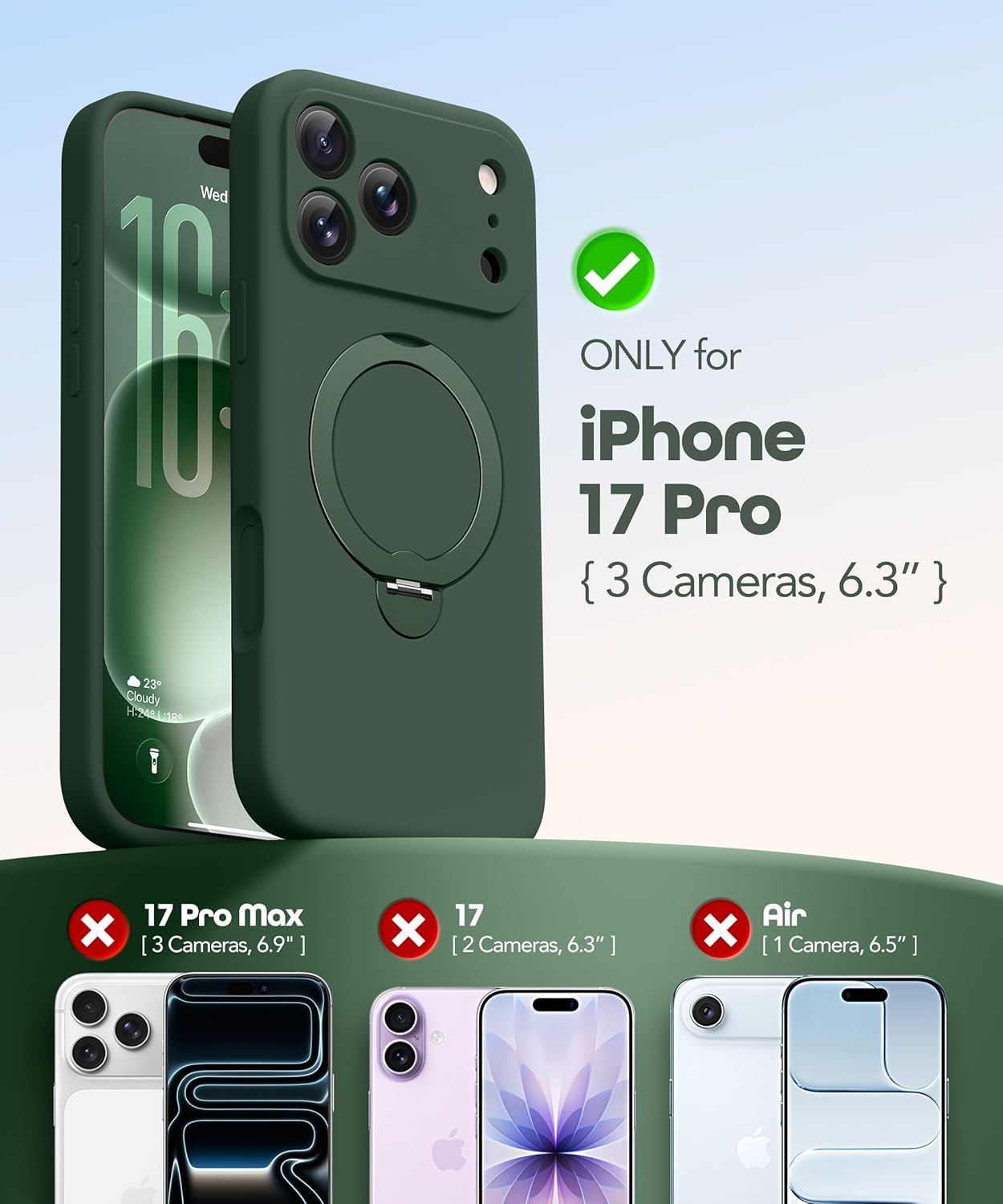 GolbinBox for iPhone 17 Pro Case with 360° Spin Magnetic Stand, [Compatible with MagSafe][Full Camera Protection],Full Body Shockproof Liquid Silicone Case with Ring Stand for 17 Pro 6.3'', Army Green - Image 2