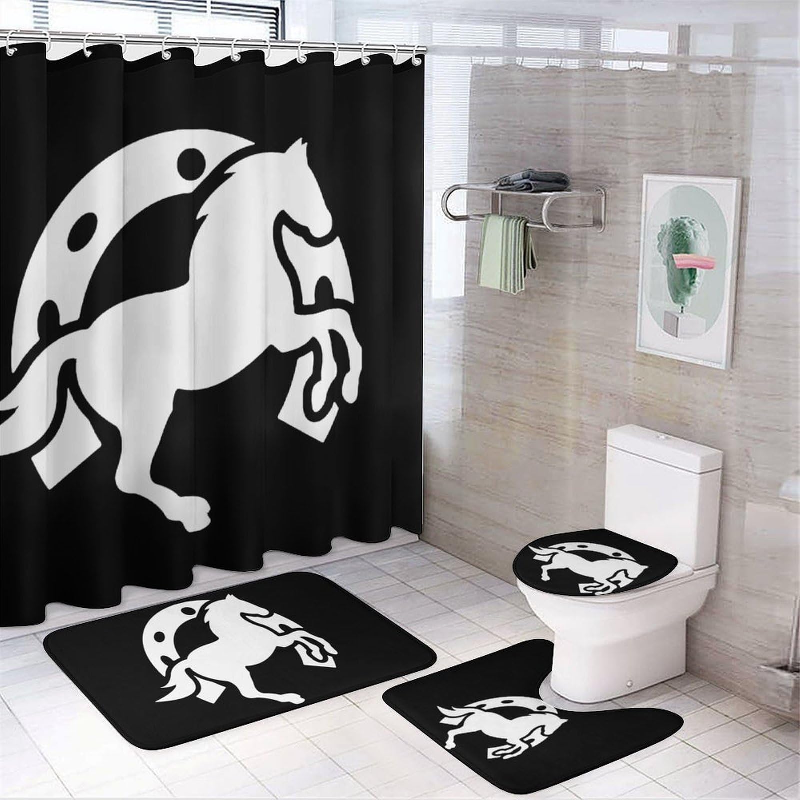 CGSBNGHA Horseshoe Horse Shower Curtain Set 4 Piece Bathroom Sets with Rugs Toilet Lid Cover And U-Shaped Floor Mat