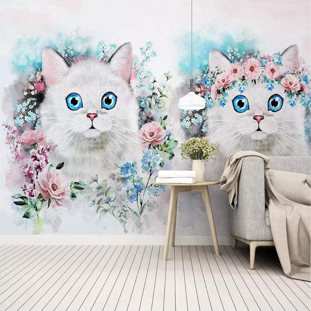 Papel Pintado Tamaño Personalizado Papel Pintado Foto 3D Sala De Estar De Los Niños Animal Flor Pareja Gato Pintura Tv Fondo De Pantalla Para Pared 3D, Para Oficina Dormitorio Comedor Pared Fotos 250