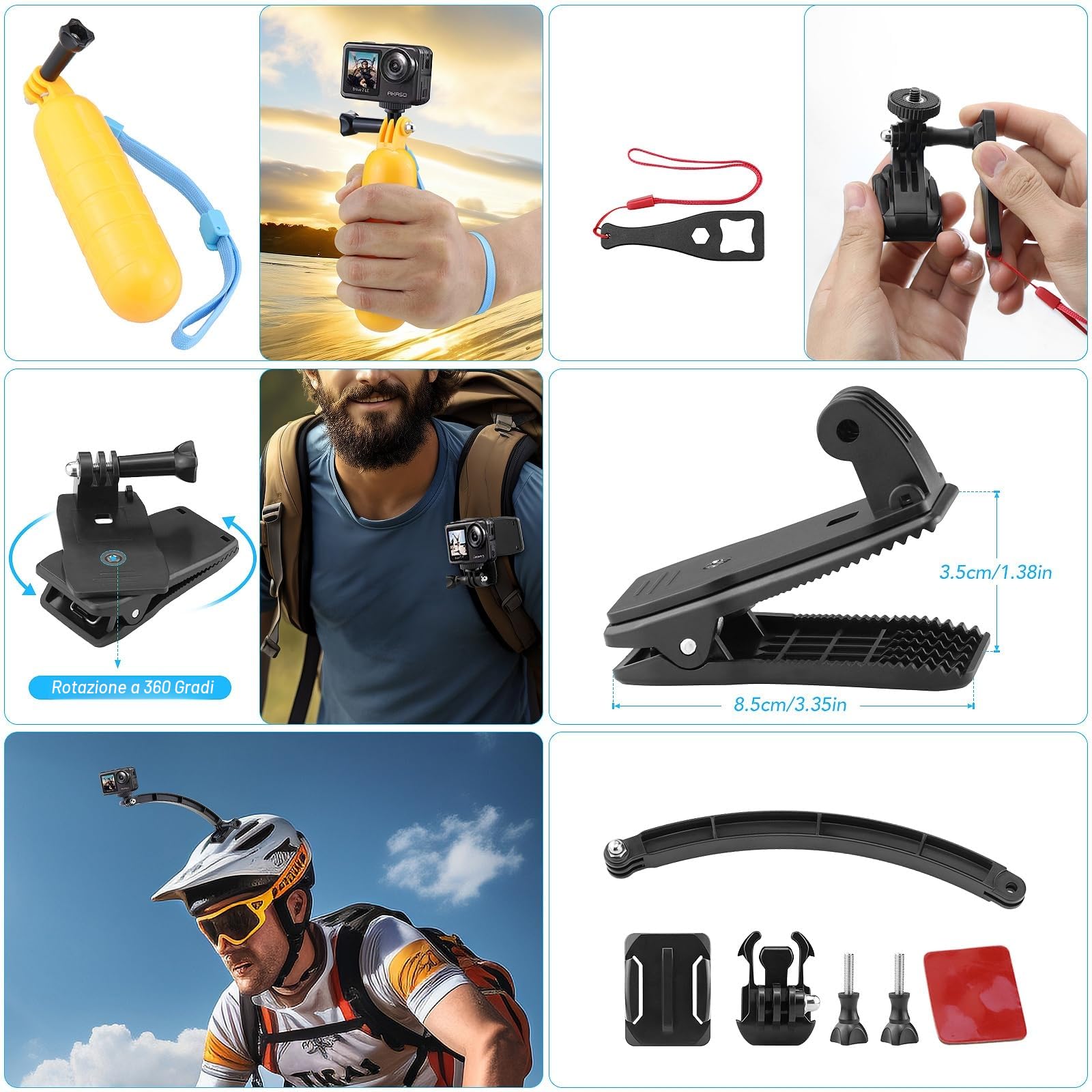 Kit Accessori Action Cam, compatibile con GoPro, AKASO, Campark, Crosstour, APEMAN, COOAU, Apexcam, WOLFANG, Surfola, SJCAM