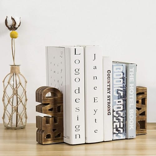 Miniatura 4 de Sujetalibros rústicos de madera marrón quemada tallados en letras de bloque de lectura y oración, soportes decorativos para libros para el hogar,
