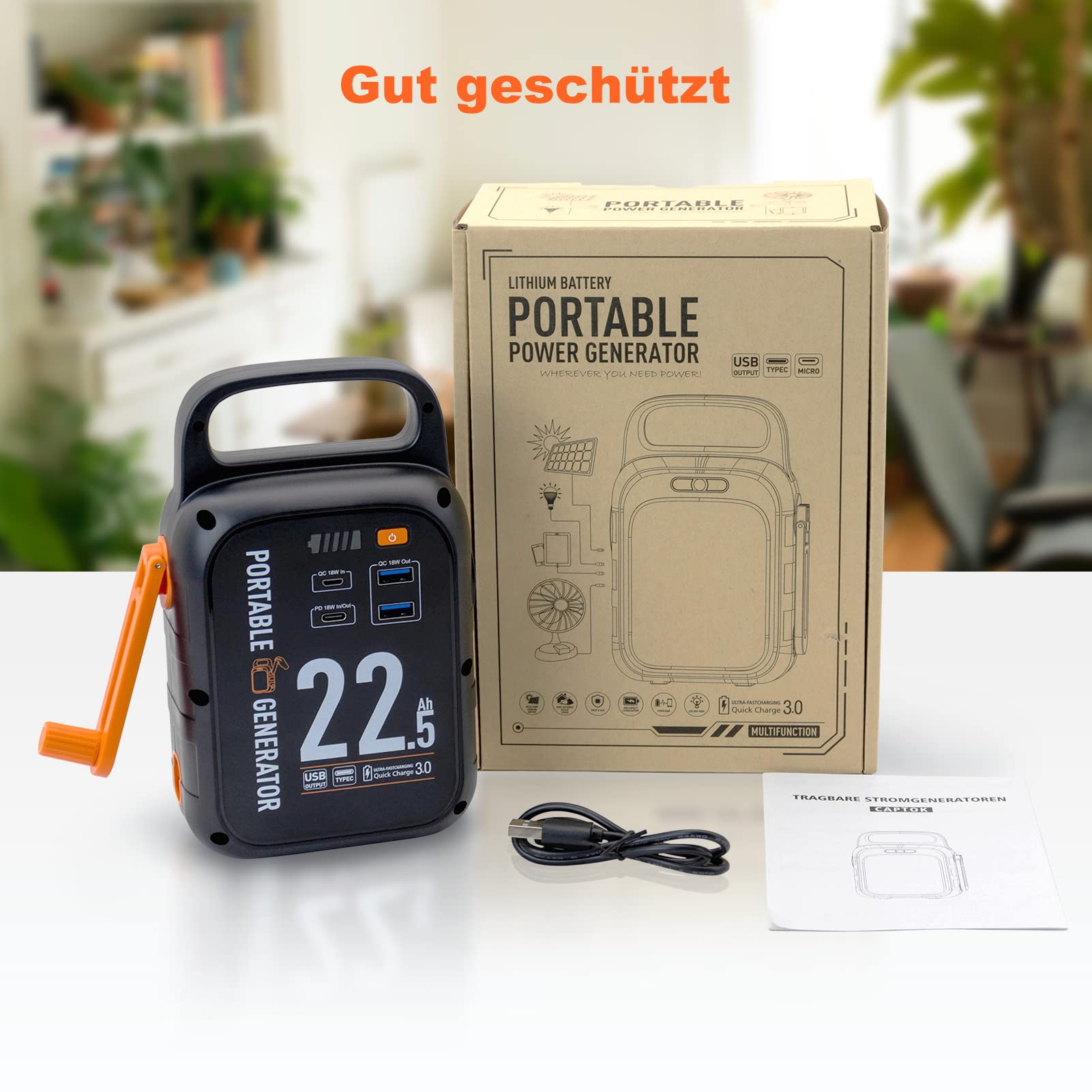 Kurbel Powerbank 22500mAh, Notstrom Akku 18W Schnellladen USB Typ-C, 83.25Wh Stromerzeuger Mit LED-Licht Für Notstromversorgung Camping Outdoor
