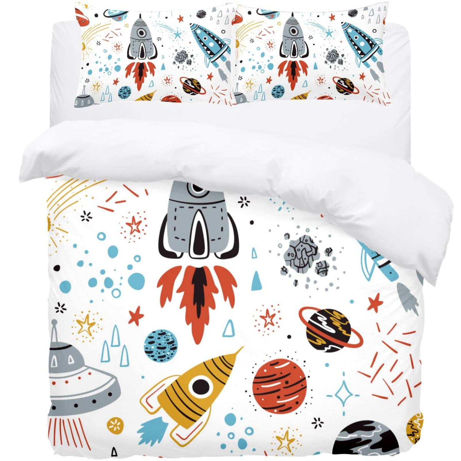Parure de lit simple motif space rockets housse de couette enfants 3 pcs
