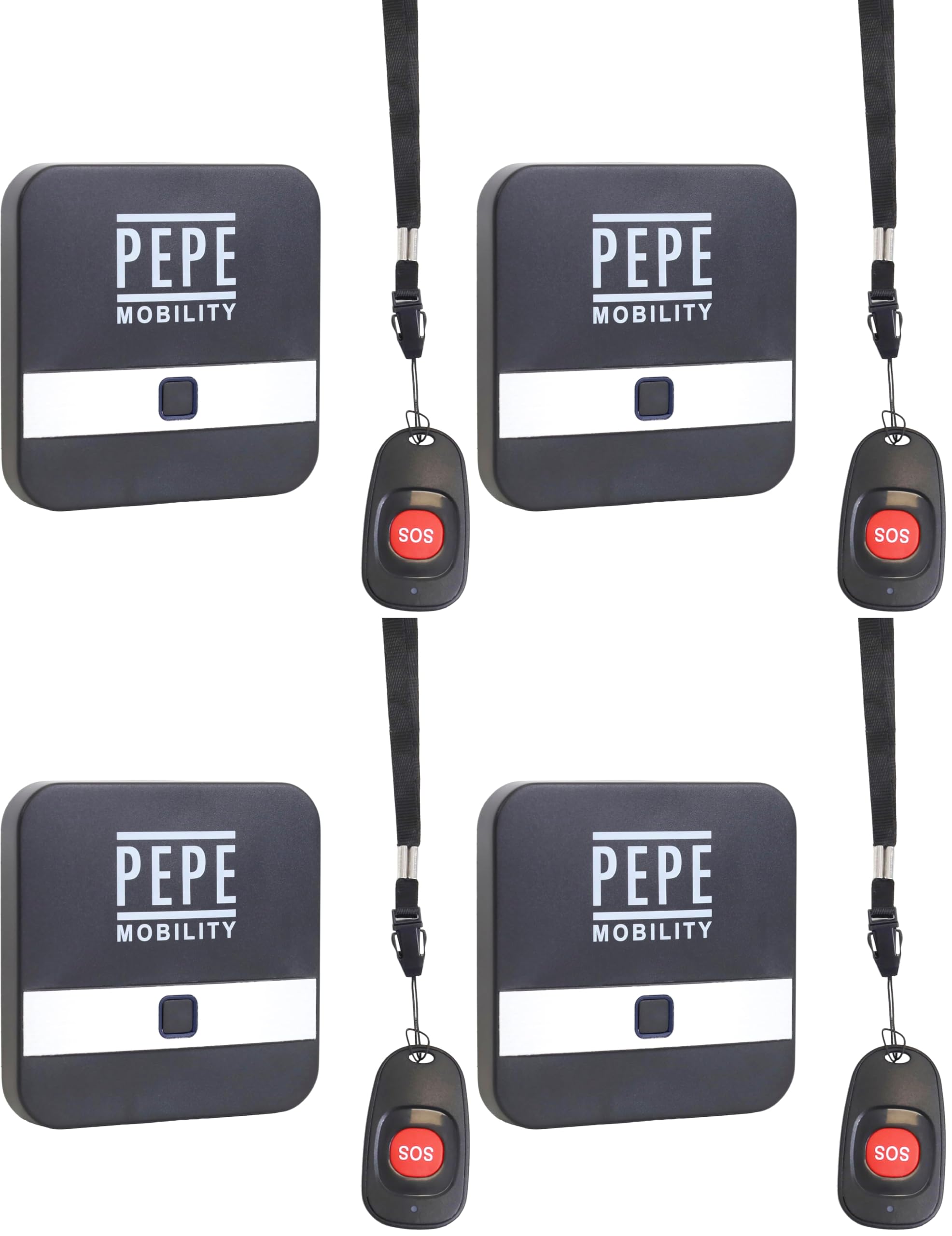 PEPE Mobility Alarme pour Personne Âgée avec Bouton SOS, Récepteur à Brancher sans Fil, 52 Sonneries et 4 Niveaux de Volume Jusqu’à 95 DB, Bracelet SOS avec Pile Incluse (Lot de 4)