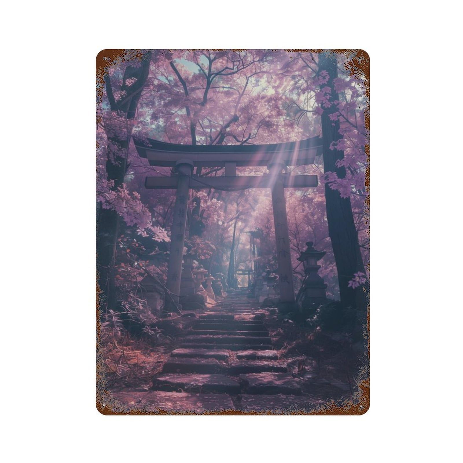 Rust Effect Torii Gate Japanese Sakura Distressed Metal Wall Sign 15.7"x11.8", Farmhouse Wall Decor for Office, Studio And Wall Decor