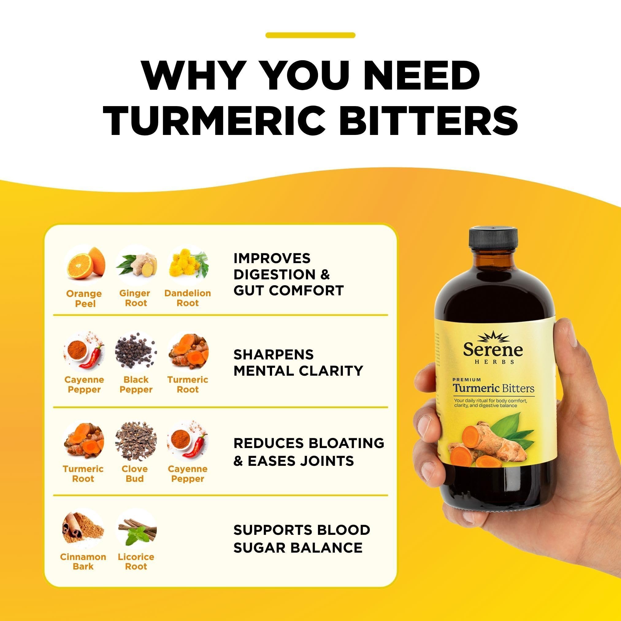 Serene Herbs Liquid Turmeric with Black Pepper - Turmeric Shots Curcumin Supplement 1000mg Extra Strength Herbal Drink, Digestive Bitters for Bloating Relief, Joint Health, Energy & Clarity - 16oz — Amazon image 3