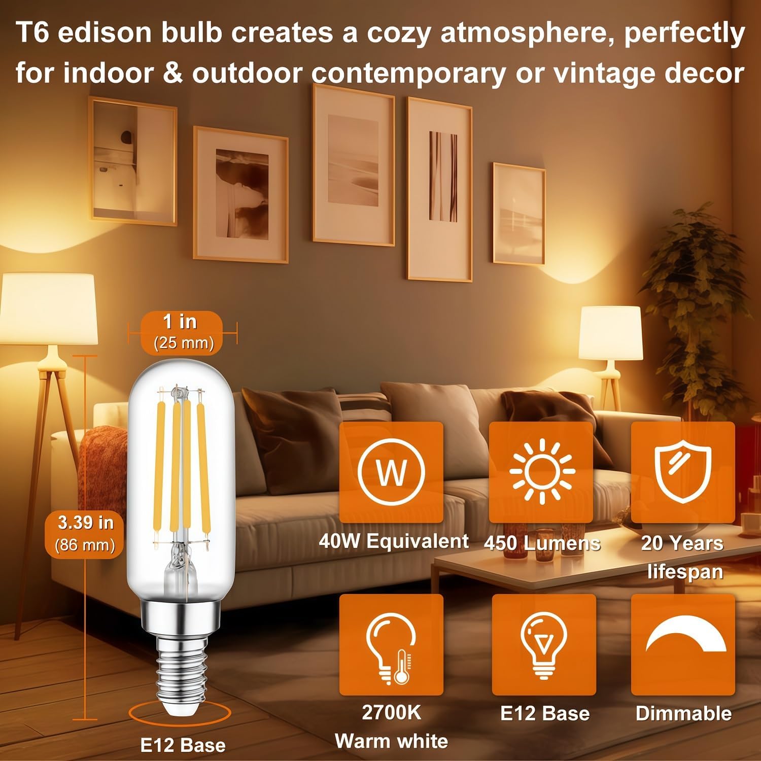 Vinaco 3.39 Inch E12 T6 LED Bulb Dimmable, 4 Pack T6 Candelabra Bulb LED 4W Equal. 40W Warm White 2700K, Clear Glass T6 Tubular LED Edison Bulb for Chandelier, Ceiling Fan, Pendant, Wall sconces