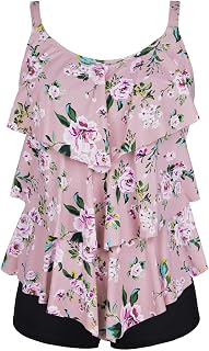 Septangle Women's Tankini Swimsuit Two Pieces Set Ruffle Swimwear Bathingsuit with Boyshort, Pink&pink Floral, 18 Price In India