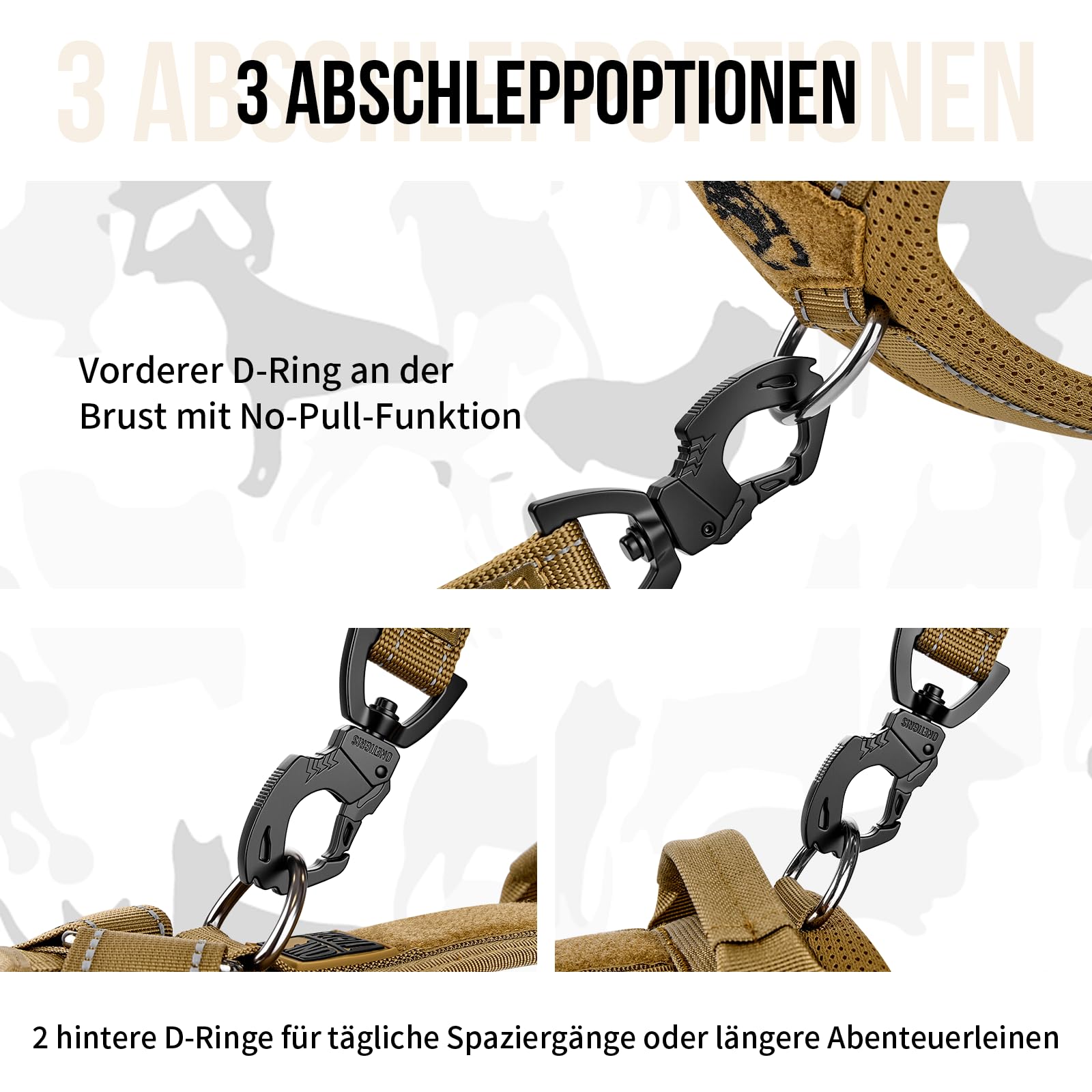 OneTigris Hundegeschirr, Diesel Einstellbar Taktisches Geschirr Weich Gepolstert Brustgeschirr für mittelgroße und große Hunde mit Reflektierend, 1 Griff, 3 D-Ringe (Braun, M)