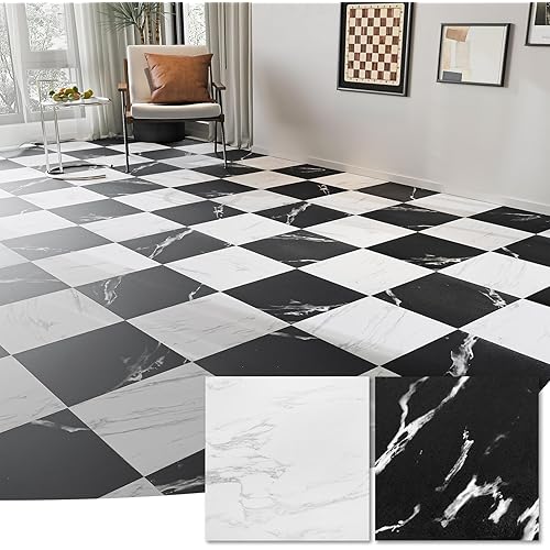 WOWSTAR 30-Pack Peel and Stick 12 x 12in Vinyl Floor Tiles, Self-Adhesive Waterproof Flooring Planks for Kitchen, Dining Room, Bedrooms, 30 Sq. Ft - White & Black Fine Sand Texture