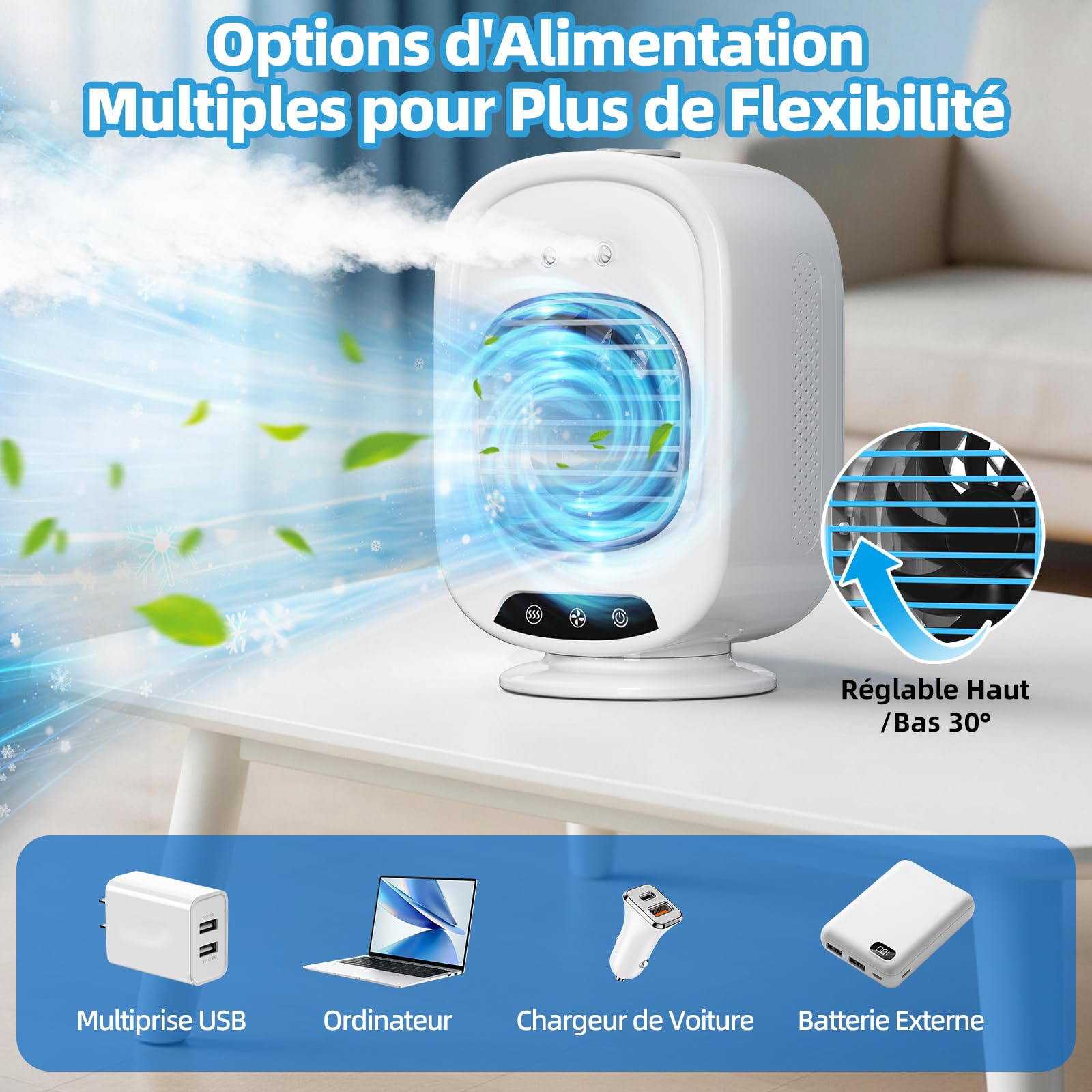 Climatiseur Mobile Portable, Mini Refroidisseur d'Air 4 en 1, Silencieux, 3 Vitesses, 300ML, USB, Ventilateur Brumisateur, Mini Clim pour Bureau, Chambre, Voiture, Camping(Blanc)