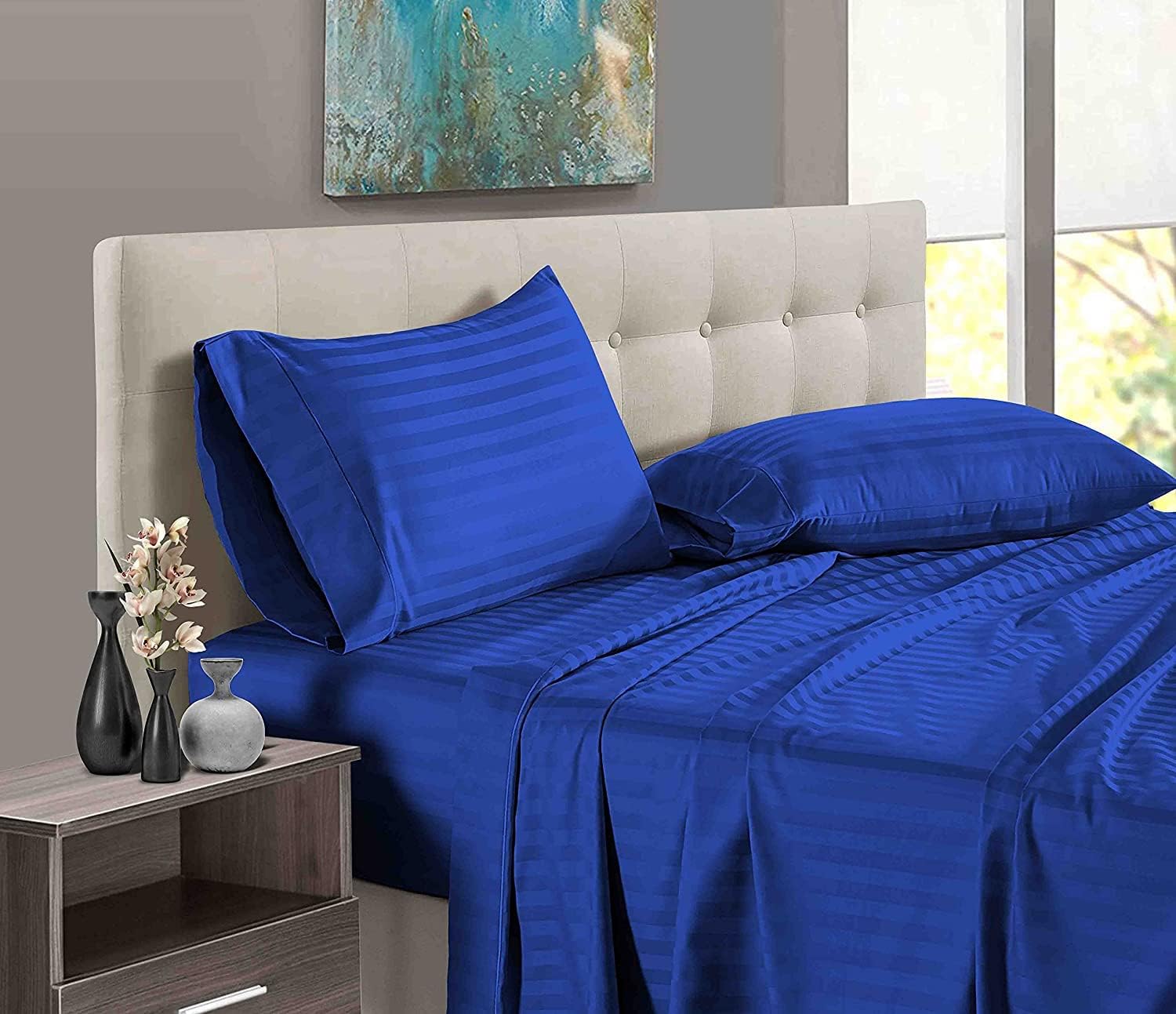 4 Piece Sheet Set - Hotel Luxury 600 Thread Count Sheets & Pillowcases Bedding Fits Upto 18" Mattress -100% Egyptian Cotton 4 Piece Set - Royal Blue Stripe, Twin Size.