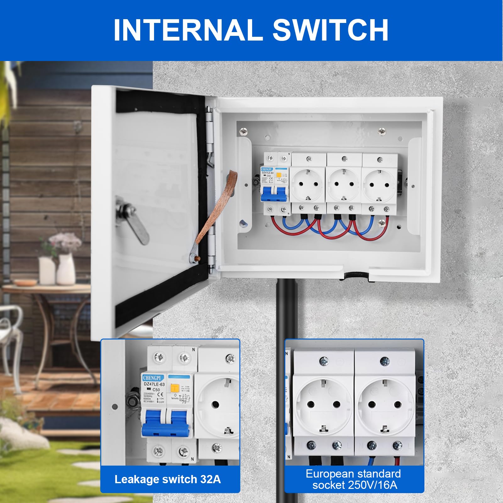 Caja Electrica de Superficie con Protector de Fuga 2P 32A y 2 * Tomas de Corriente 250V/16A, Caja de Distribución con Protección Contra Sobretensiones 2P 400V 20~40kA para Cableado - 8 Módulos