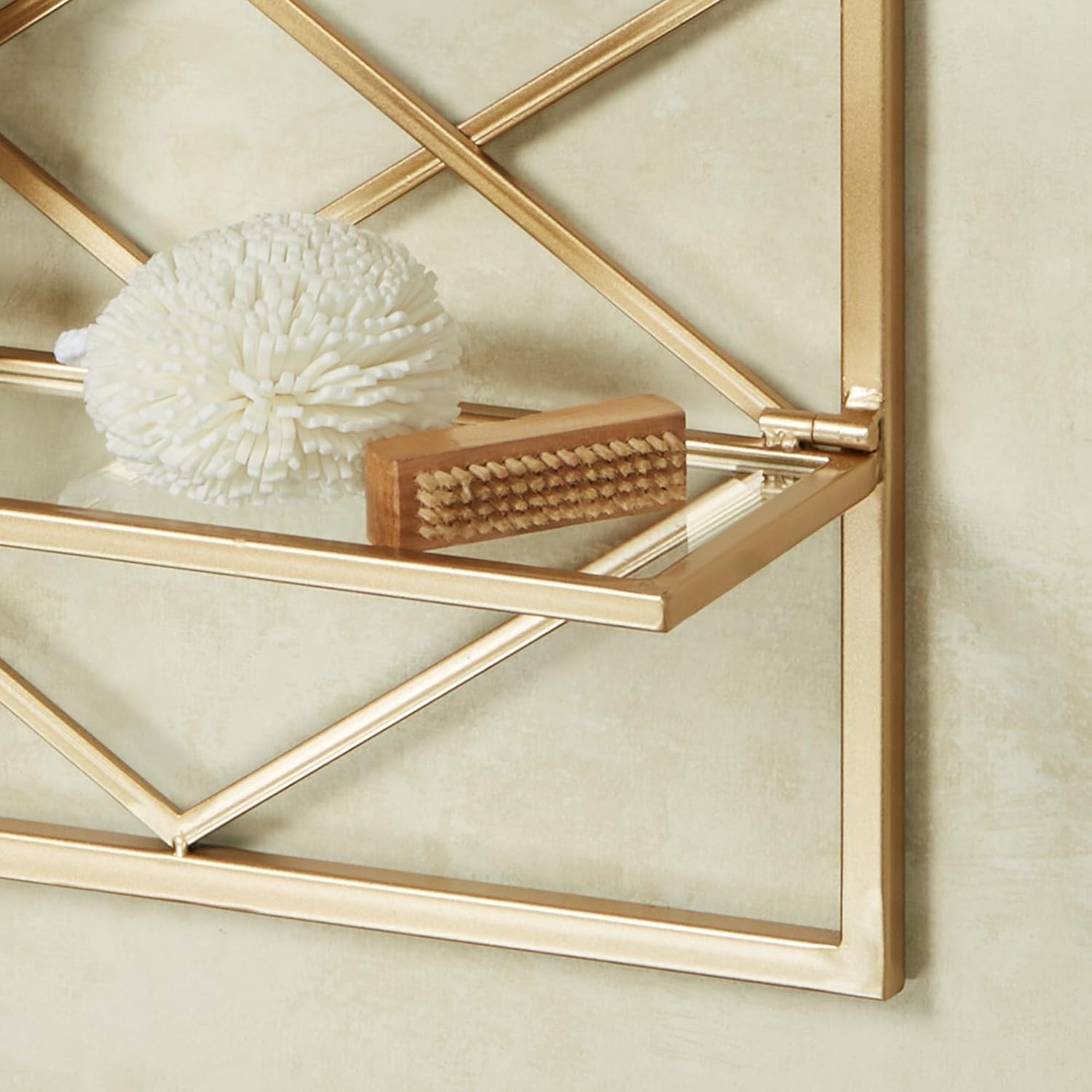 Touch of Class Diamond Interlink Gold Metal Wall Shelf with Three Glass Shelves | Storage Space Organizer | Glam Style Display Decor for Bathroom, Bedroom, Living Room, Office