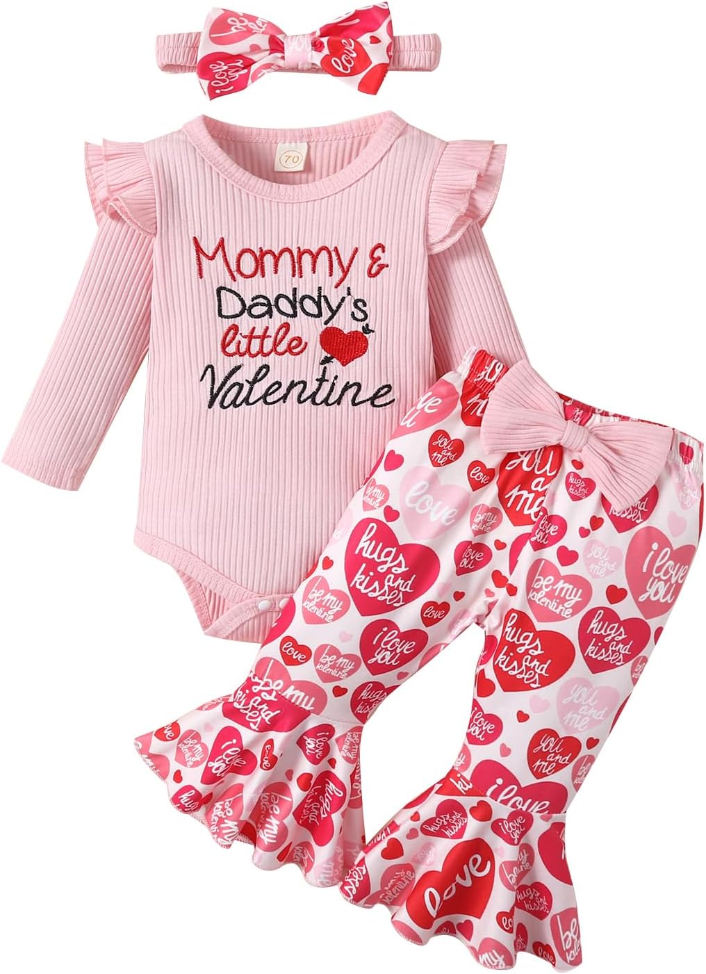 Noubeau My First Valentines Outfits Newborn Baby Girl Outfits Long Sleeve Ribbed Romper Heart Flare Pant Headband 3Pcs