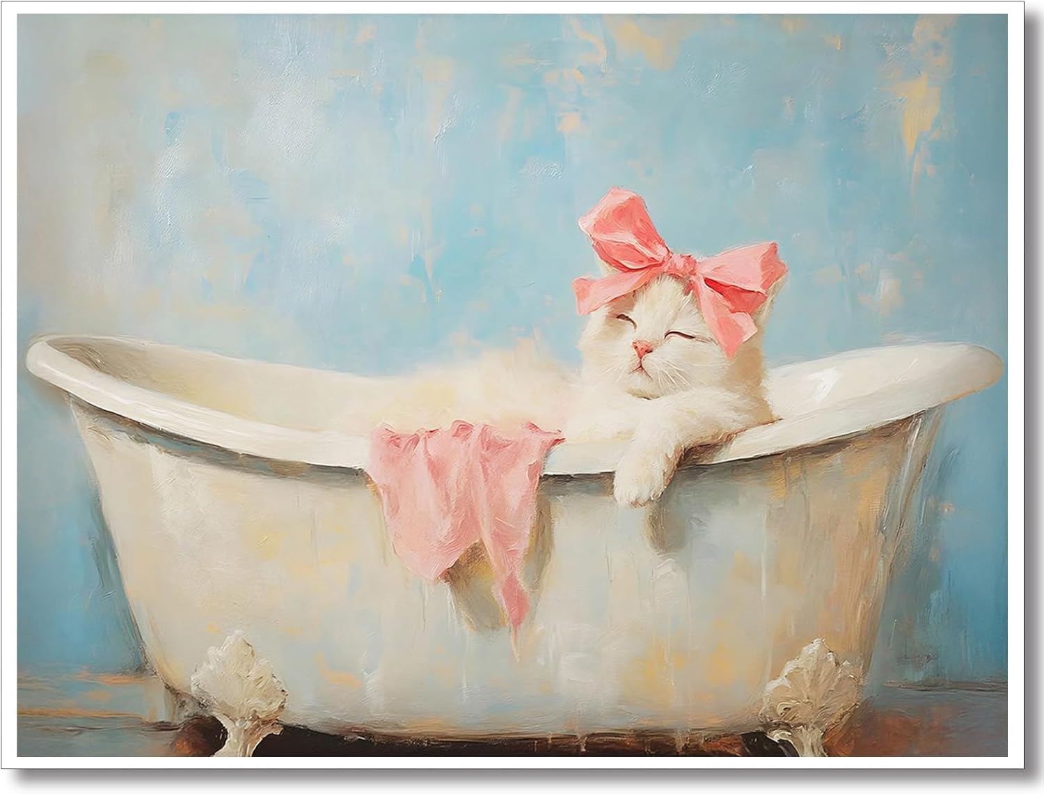 Funny Bathroom Canvas Wall Art Cute Cat Posters Pink Bow Print Trendy Minimalist Animal Painting Vintage Cat In The Bathtub Wall Decor For Restroom Toilet Washroom 16x24in Framed