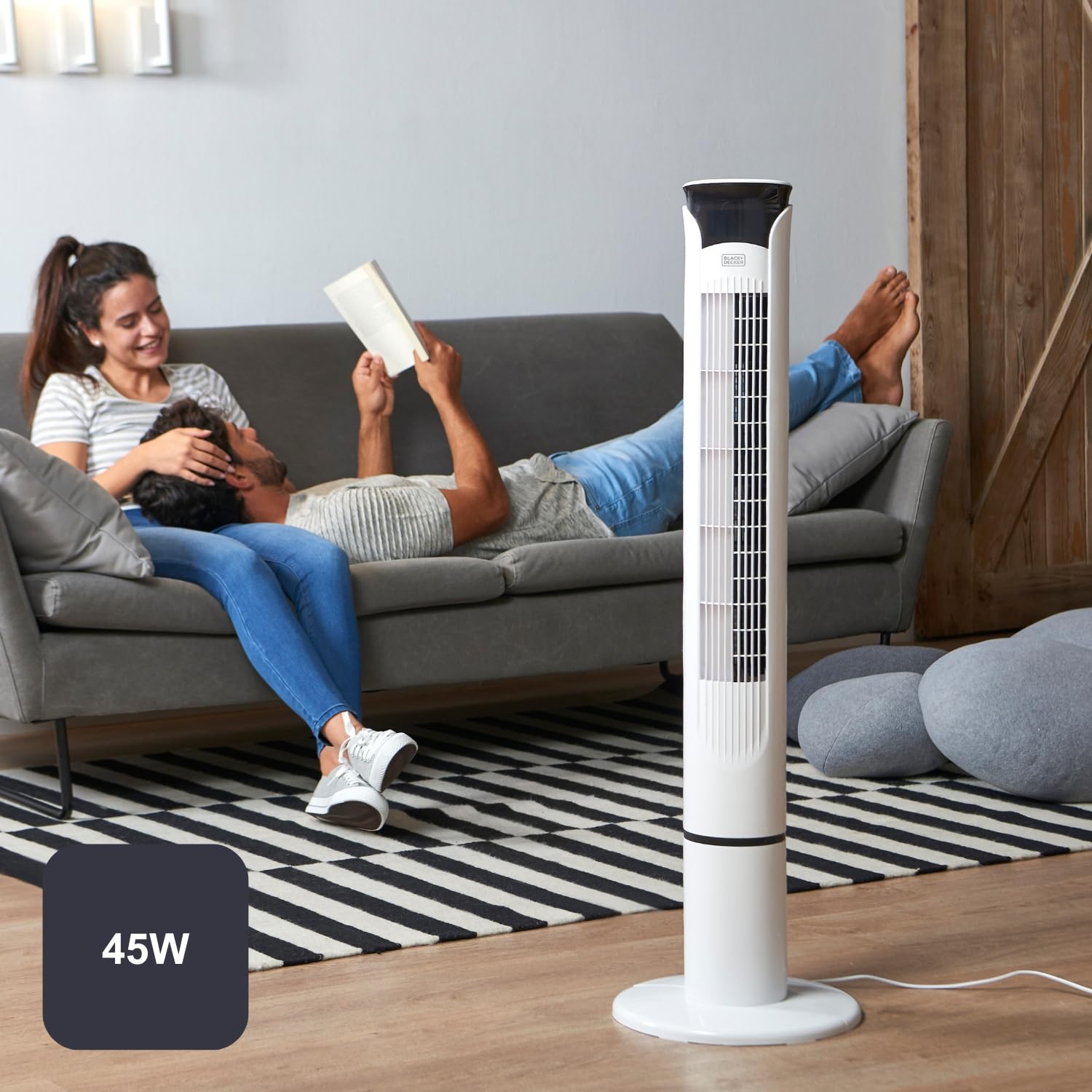 Black+Decker BXEFT49E Cyfrowy wentylator wieżowy z bardzo wysokim 102 cm i cichym pilotem, 3 prędkości, timer 12h, temperatura otoczenia, biały