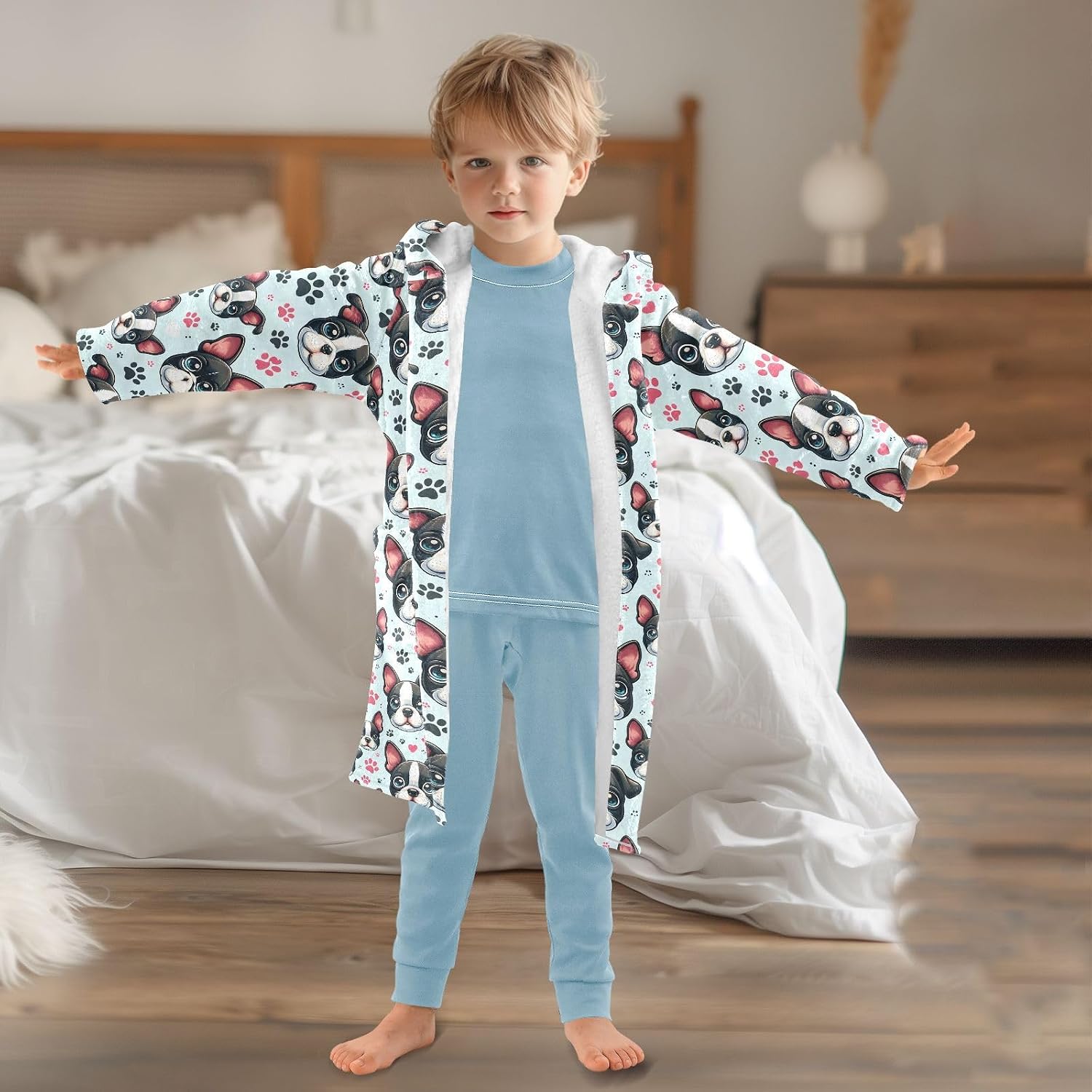 senya Dog Paw Print Toddler Hooded Bathrobe Kids Soft Plush Bath Towel Robes for Boys Girls 2-12 Years