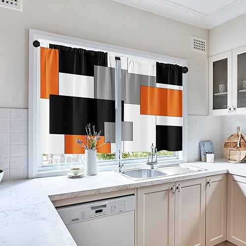 Vista 151 de Cortinas geométricas de cocina negras y grises de 63 pulgadas de largo, juego de 2, cortinas grises y blancas para dormitorio, sala de estar, Gris