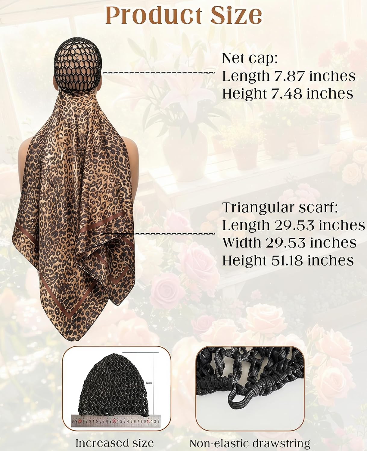 2 Packs 2-In-1 Wrap Cap Hair Net and Scarf, Silk Press Wrap Bonnet for Hair Care, Shower Cap, Neck Scarf and Fashionable Shawl (Black & Leopard Print)
