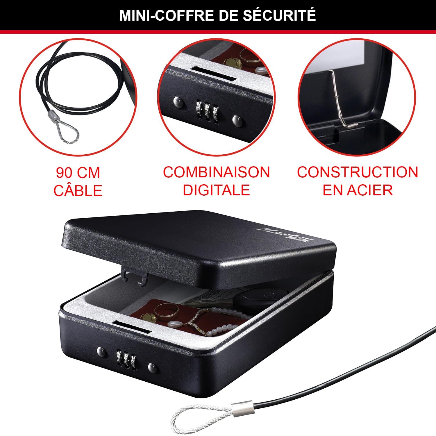 MASTER LOCK Petit Coffre-fort [Combinaison] [Avec Câble] P005CEURBLKHRO – Idéal pour argent, smartphones, bijoux, passeports, etc.