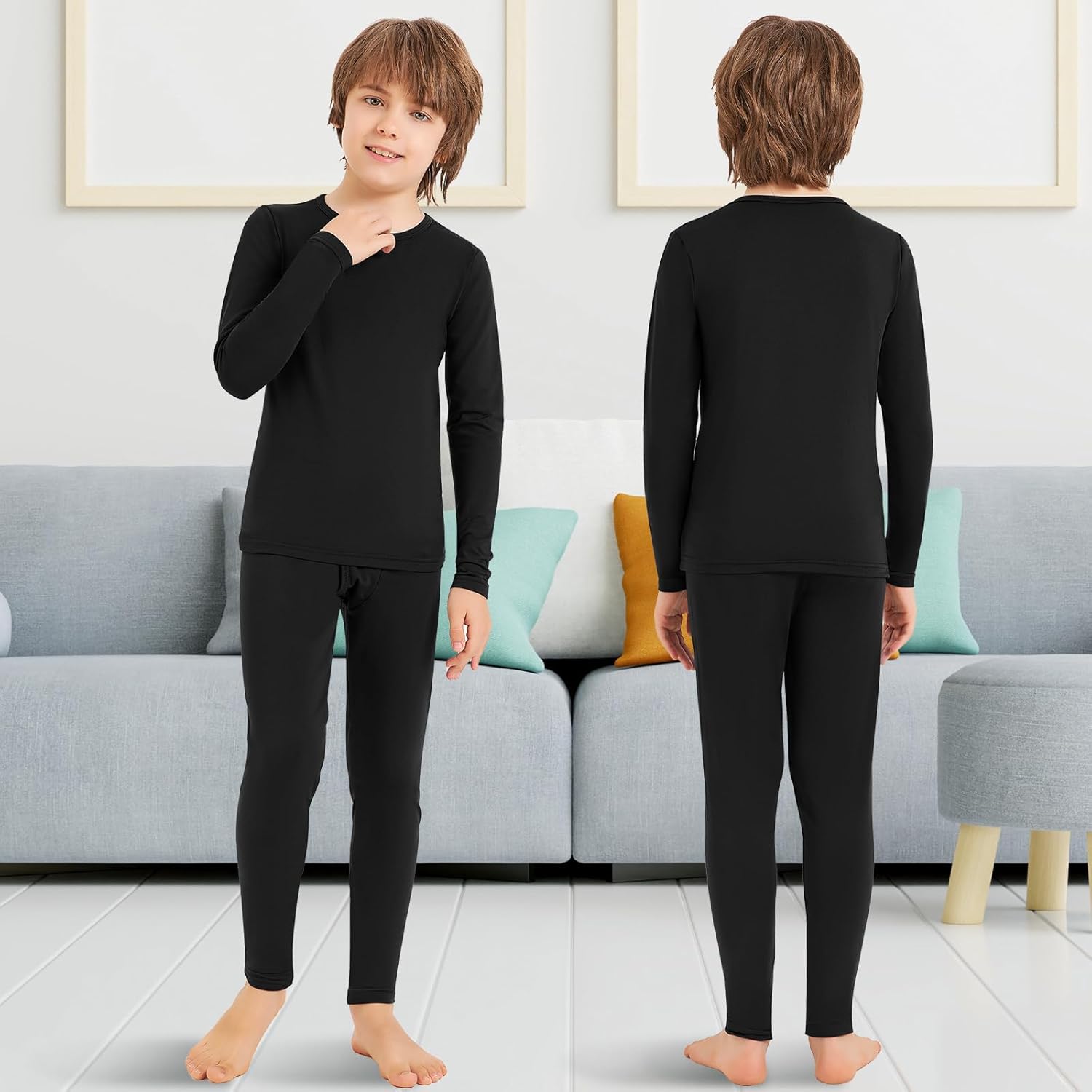 Silkfly 2 Sets Boys Thermal Underwear Fleece Lined Compression Shirt Leggings Pants Kids Base Layer - Image 2