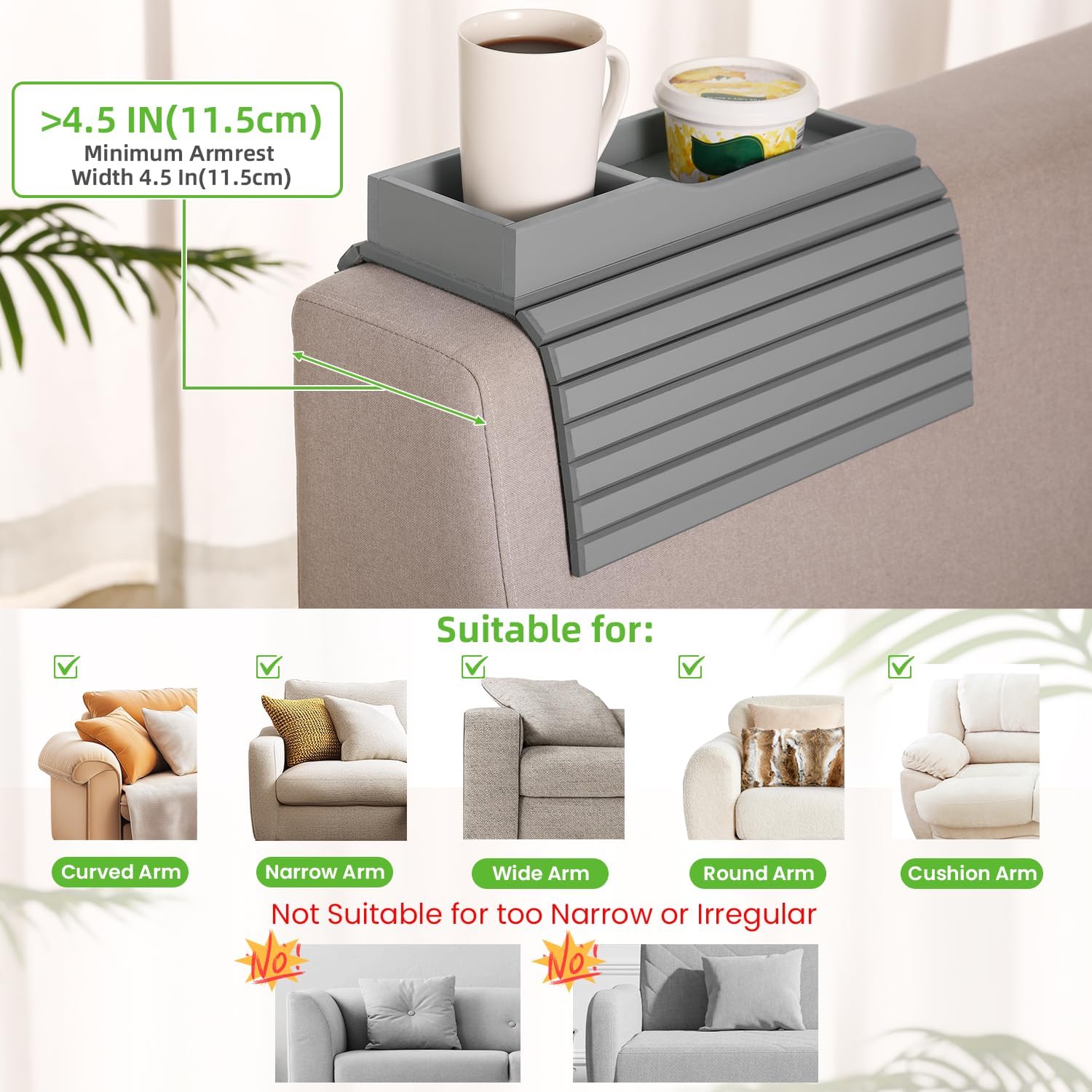 GEHE Couch Cup Holder, Anti Falling Couch Drink Holder, Natural Bamboo Sofa Cup Holder Armrest Tray, More Safe for You Family, Portable Couch Arm Tray Table for Remote/Snacks/Cellphone/Drinks/Cup