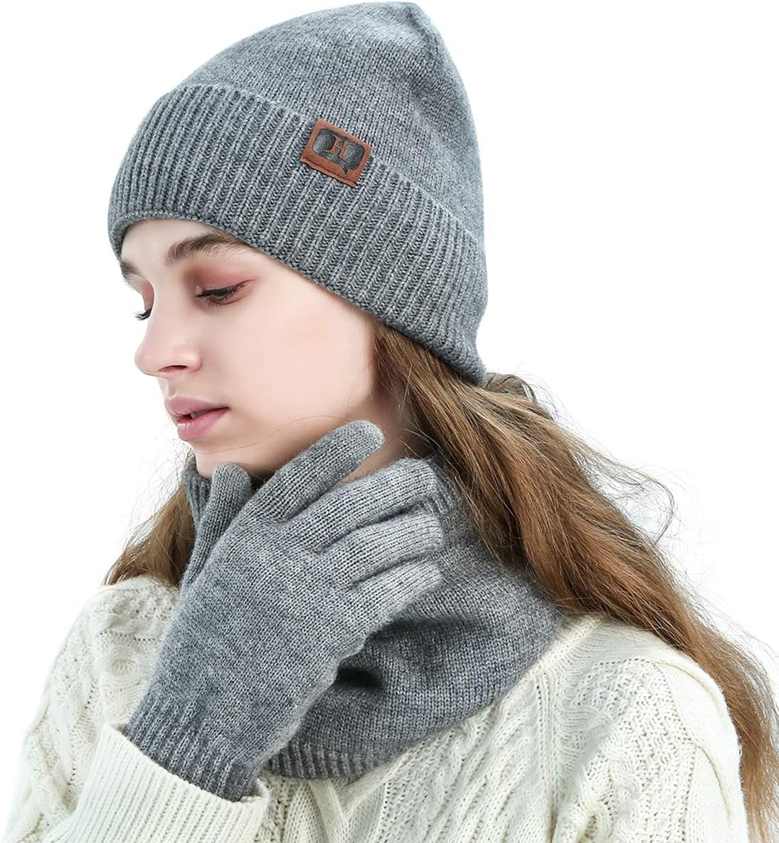 LumiSyne Winter Knitted Beanie Hat Scarf Infinity Touch Screen Gloves Set Men Women Skull Cap Neck Warmer Angora Fabric