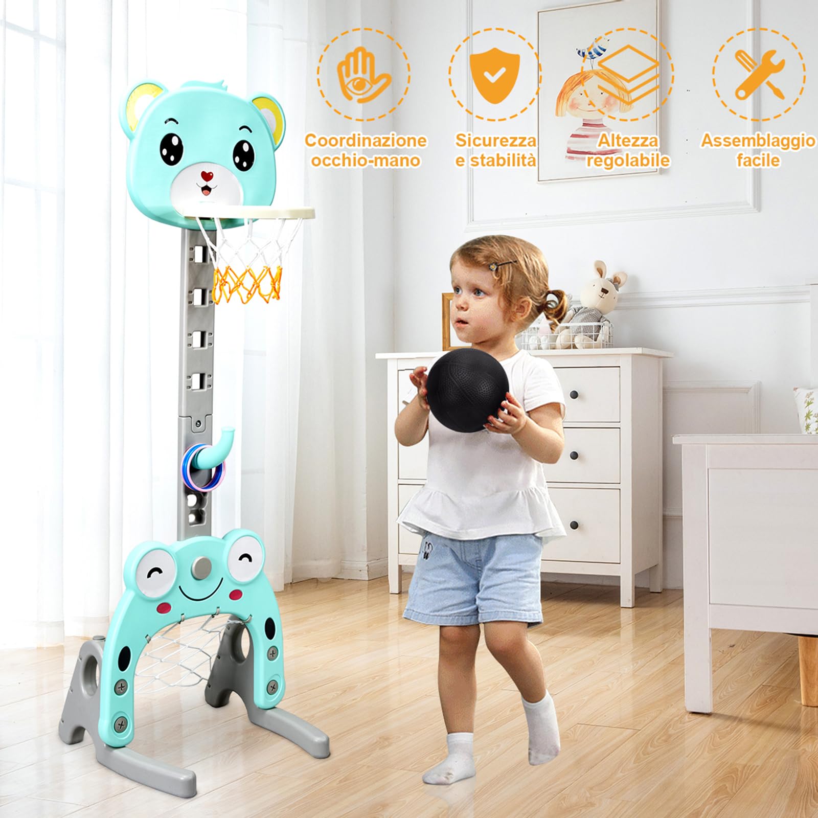 COSTWAY Canestro da Basket, Centro Attività 3 in 1 per Bambini, Canestro da Basket con Porta da Calcio e Gioco degli Anelli, Set Basket e Calcio a Forma di Orso, Ideale per Bambini (Verde)