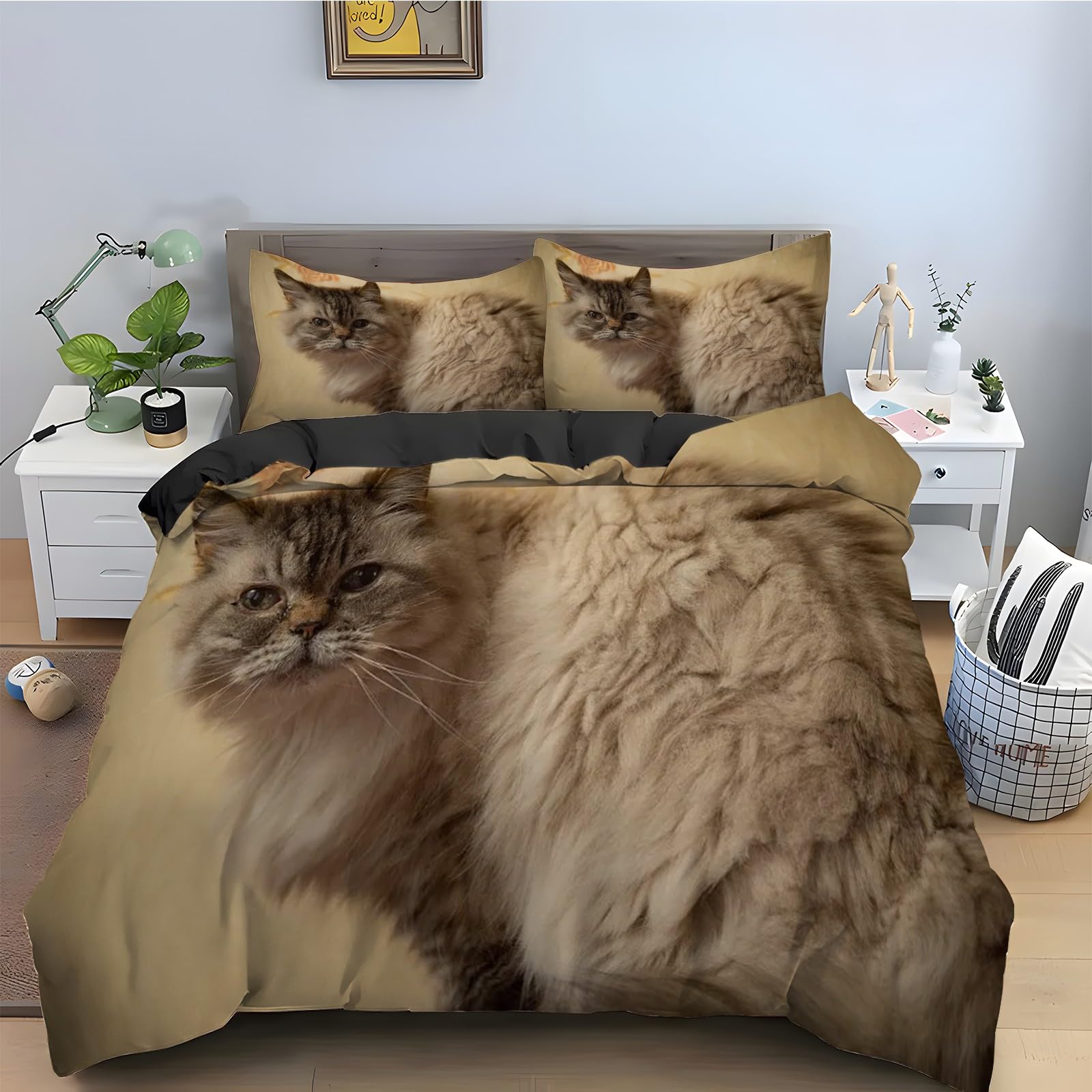 Housse de couette chat en microfibre douce parure de lit 90x190 avec zip durable