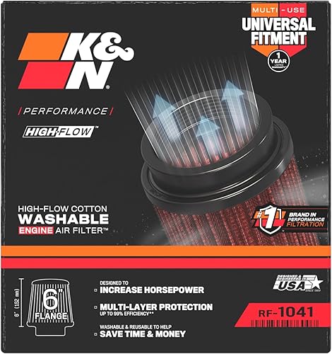 Vista 13 de K&N, RC-1041 - Filtro de aire universal con sistema de abrazaderas cónico. Medidas: brida 6 pulgadas (152 mm); altura 7.5 pulgadas (191 mm), base