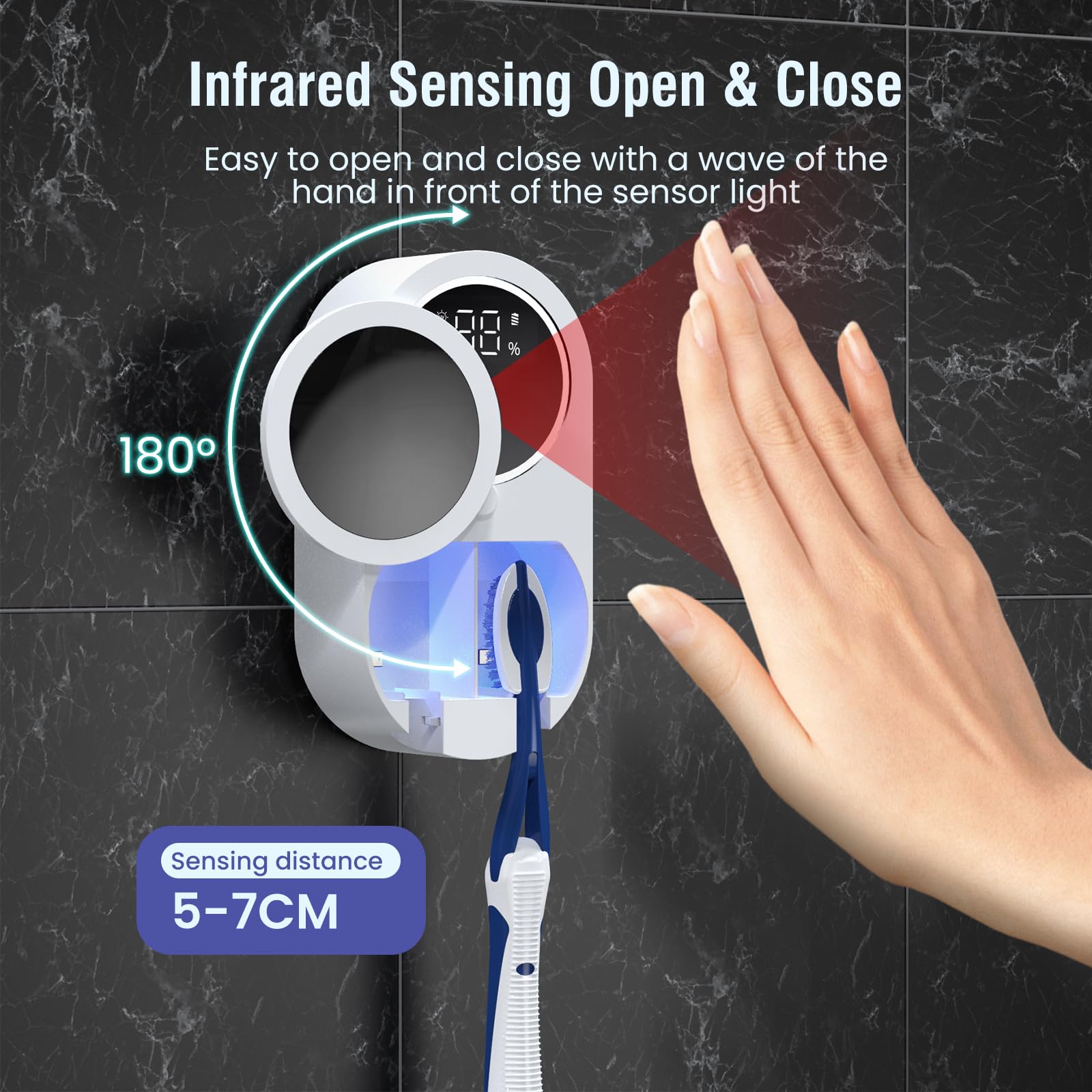Porte Brosse à Dents Mural avec Désinfectante UV-C et UV-A, LifeBasis Support Brosse a Dent avec Stérilisateur, Séchage Automatique, Batterie Jusqu’à 50 Jours, 2 Fentes