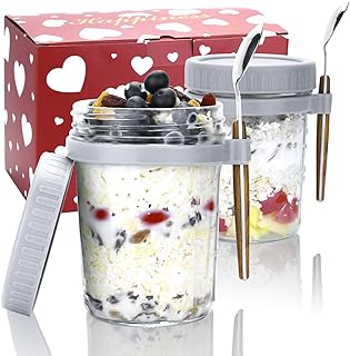 Overnight Oats Containers with Lids and Spoons - 2 Pack Glass Mason Jars for Overnight Oats Oatmeal Chia Seed Pudding 10 oz Meal Prep Salad Jars Set for Breakfast Essentials to Go Yogurt (Gray 2)
