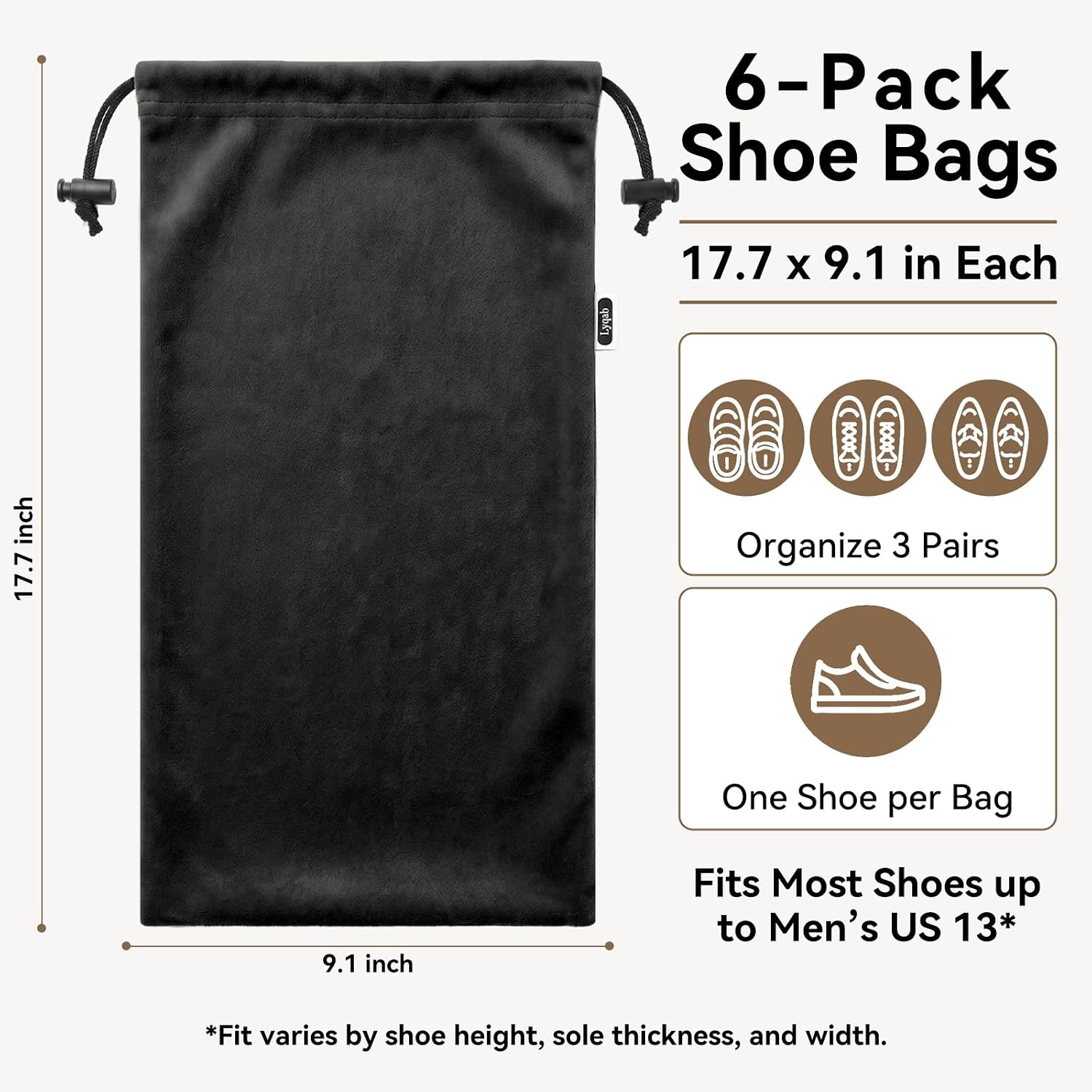 6-Pack Shoe Bags for Travel, One Shoe Per Bag Design (Black)