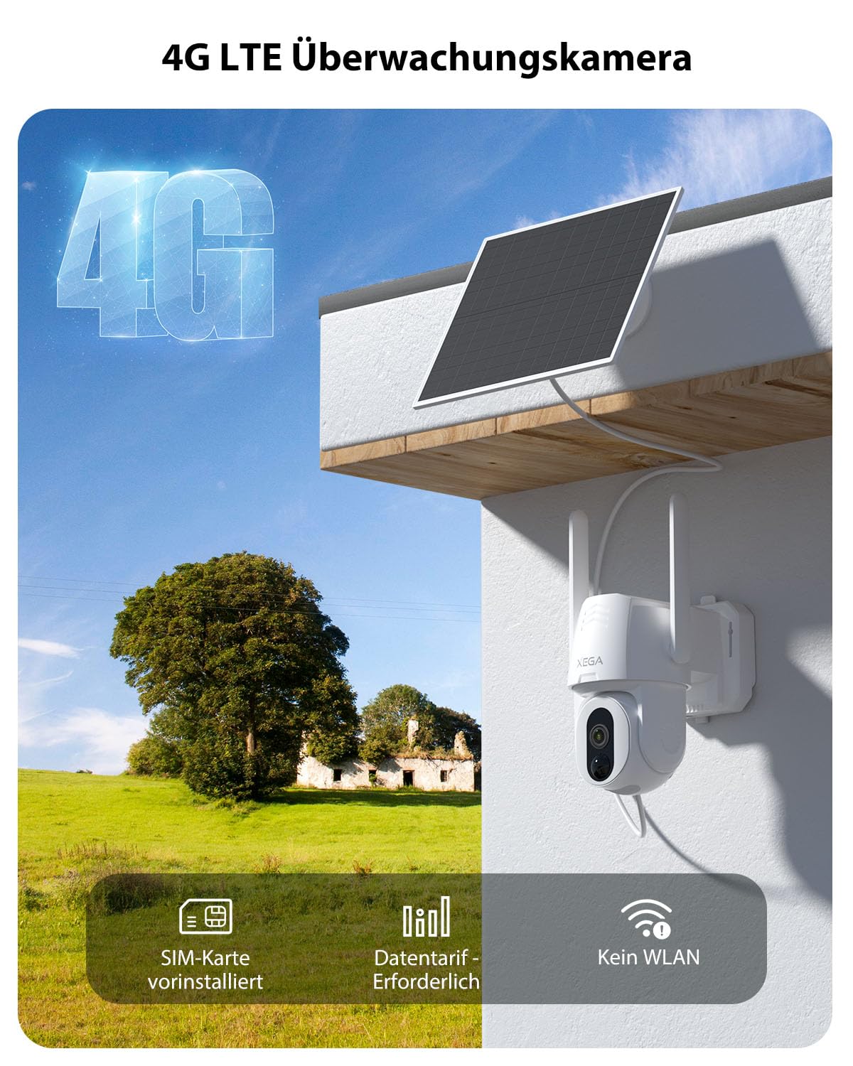 Xega 4G LTE Caméra Surveillance Solaire Extérieure avec Carte SIM,sans WiFi