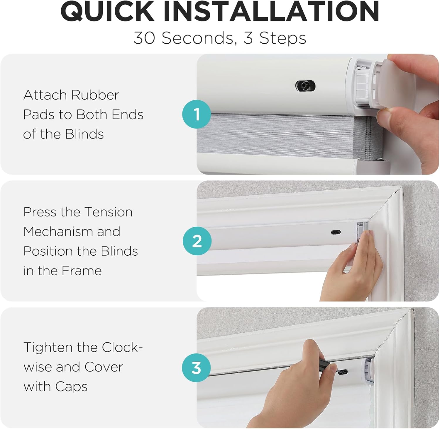 Joydeco No Tools No Drill Window Blinds for Indoor Windows, Blackout Shades Cellular Shades Cordless, No Drill Blinds for Windows, Window Shades for Home, Bedrooms, Doors (White, 22" W x 64" H)