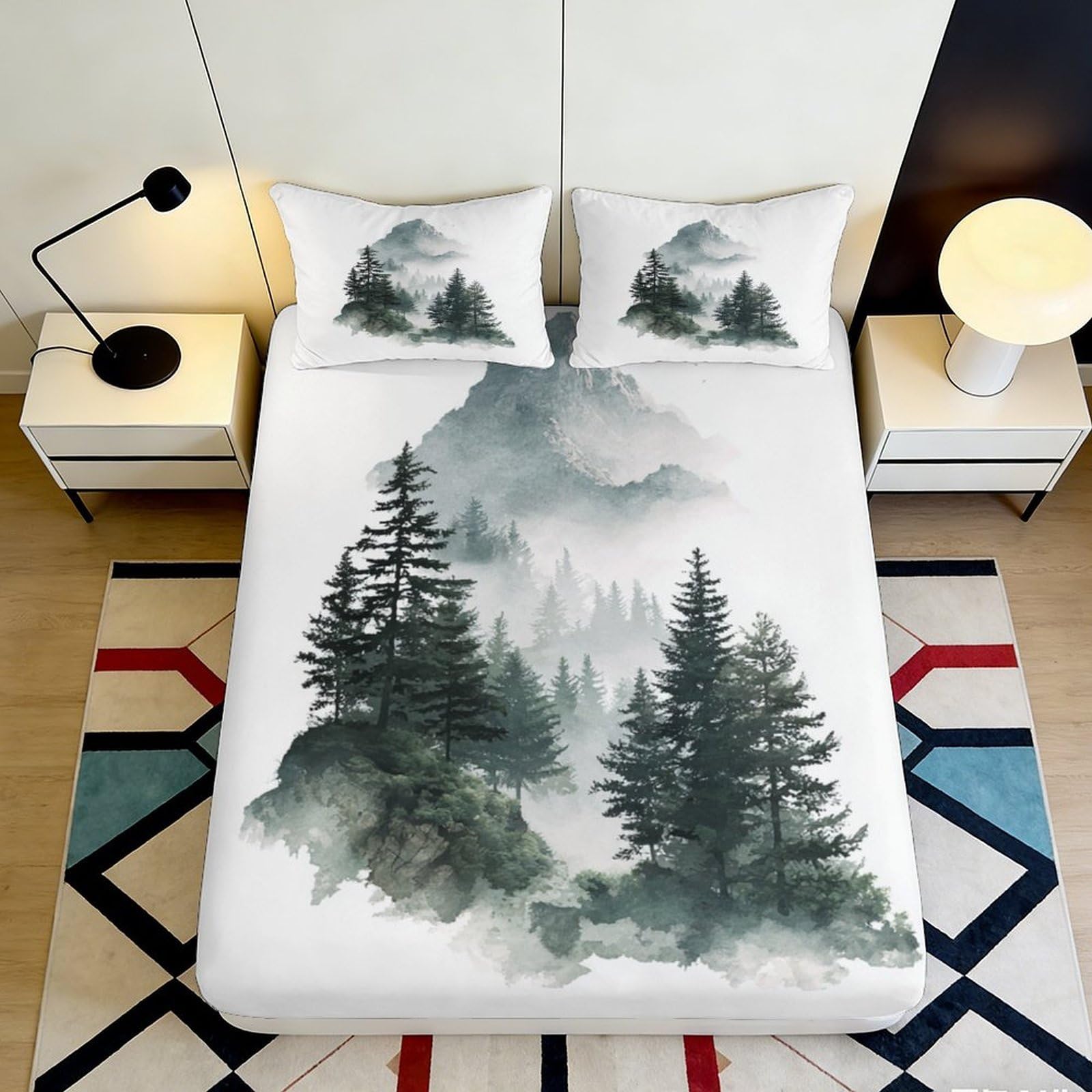 3D Printed Pine Forest Mountain Fitted Sheet Microfiber Soft Breathable Misty Landscape Mattress Cover Bedroom Decor 140x200x25cm