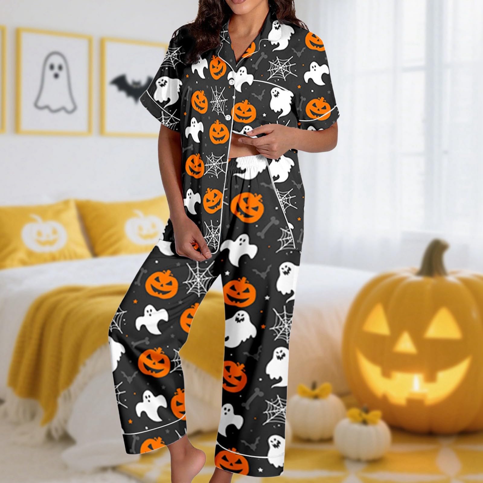 Halloween Kürbis Print Kurzarmhemden und Lange Hosen Damen Pyjama Set für Nachtwäsche Pyjama Set